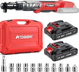 AOBEN 21V 1/2" Cordless Ratchet Wrench Kit-74 Ft-lbs Brushless Electric Power Ratchet with Variable Speed, 2X2000mAh Lithium-Ion Battery, Charger, 8 Sockets, 1/4" & 3/8" Adaptors, 3" Extension Bar