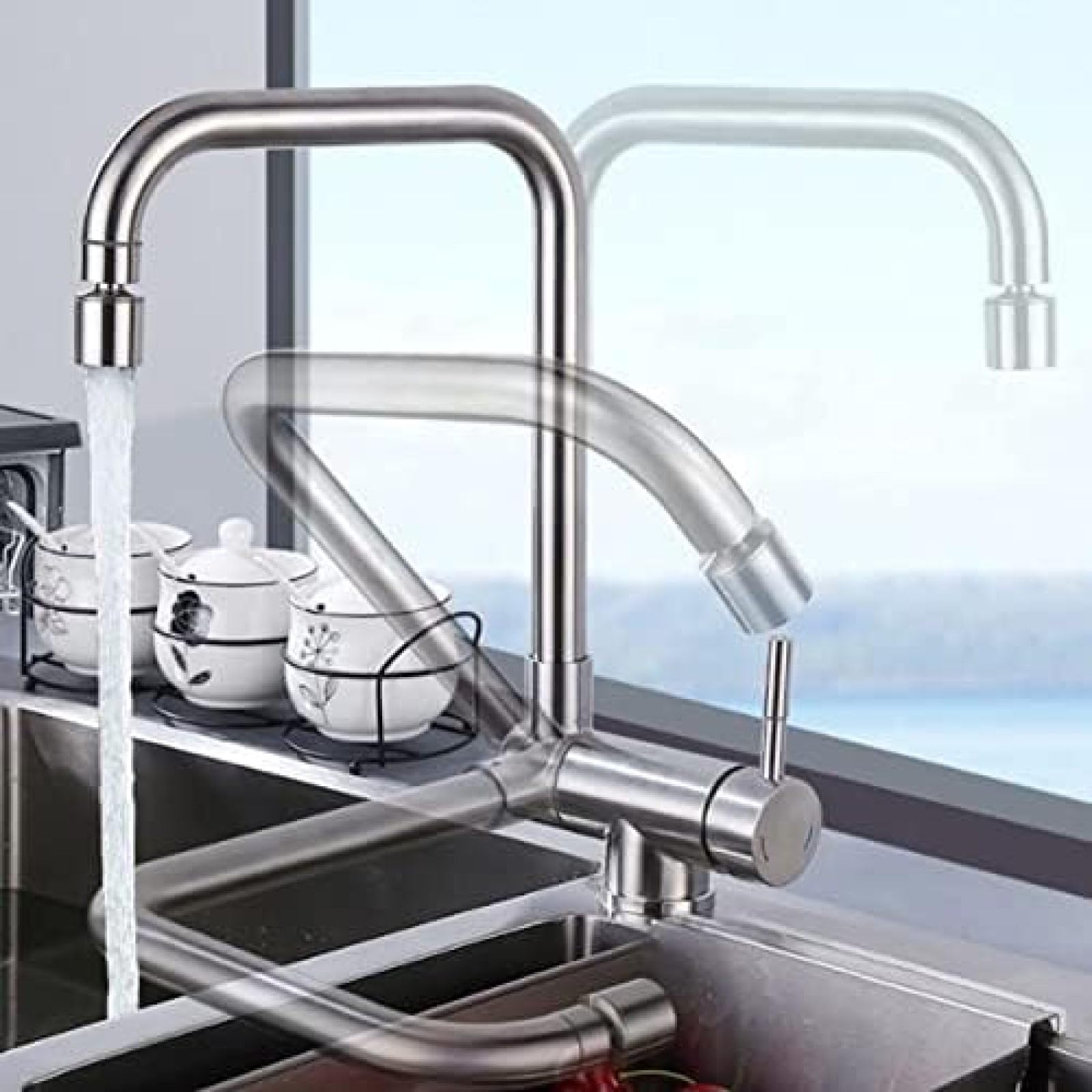 MXXQRHF Brushed Stainless Steel Kitchen Sink Mixer Tap - Swivel Hot & Cold Faucet for ng Inside Window - Modern & Durable Kitchen Faucet