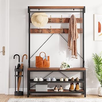 Coat Rack Shoe Bench for Entryway Hall Tree Shoe Rack Large 3-Tier Storage Shelf and Hooks Removable Industrial Accent Furniture Metal Frame