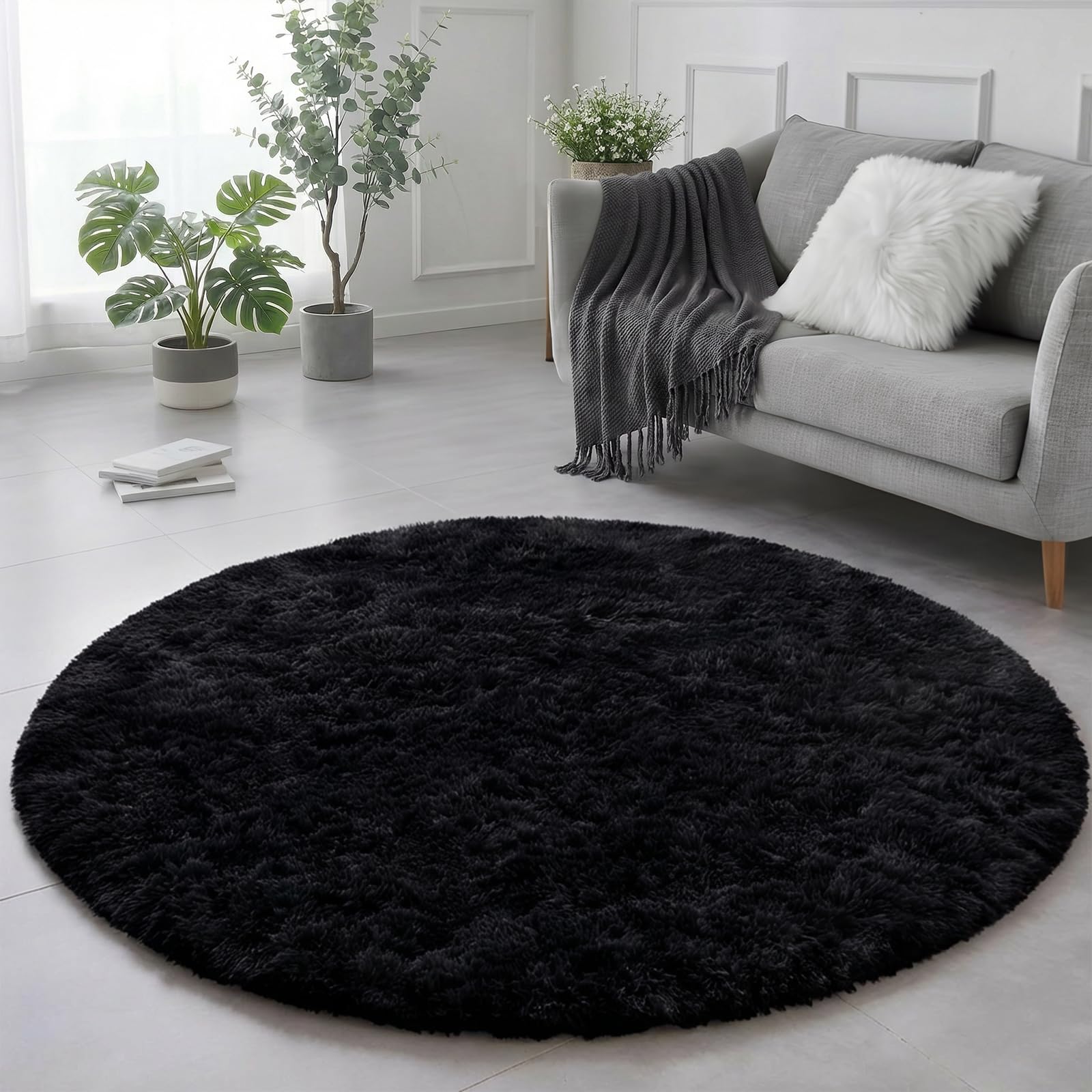 Amdrebio Black Round Rug - Fluffy Circle Carpet, 4'x4', Shaggy Plush for Bedroom, Kids, Teen's & Nursery Room, Dorm & Reading