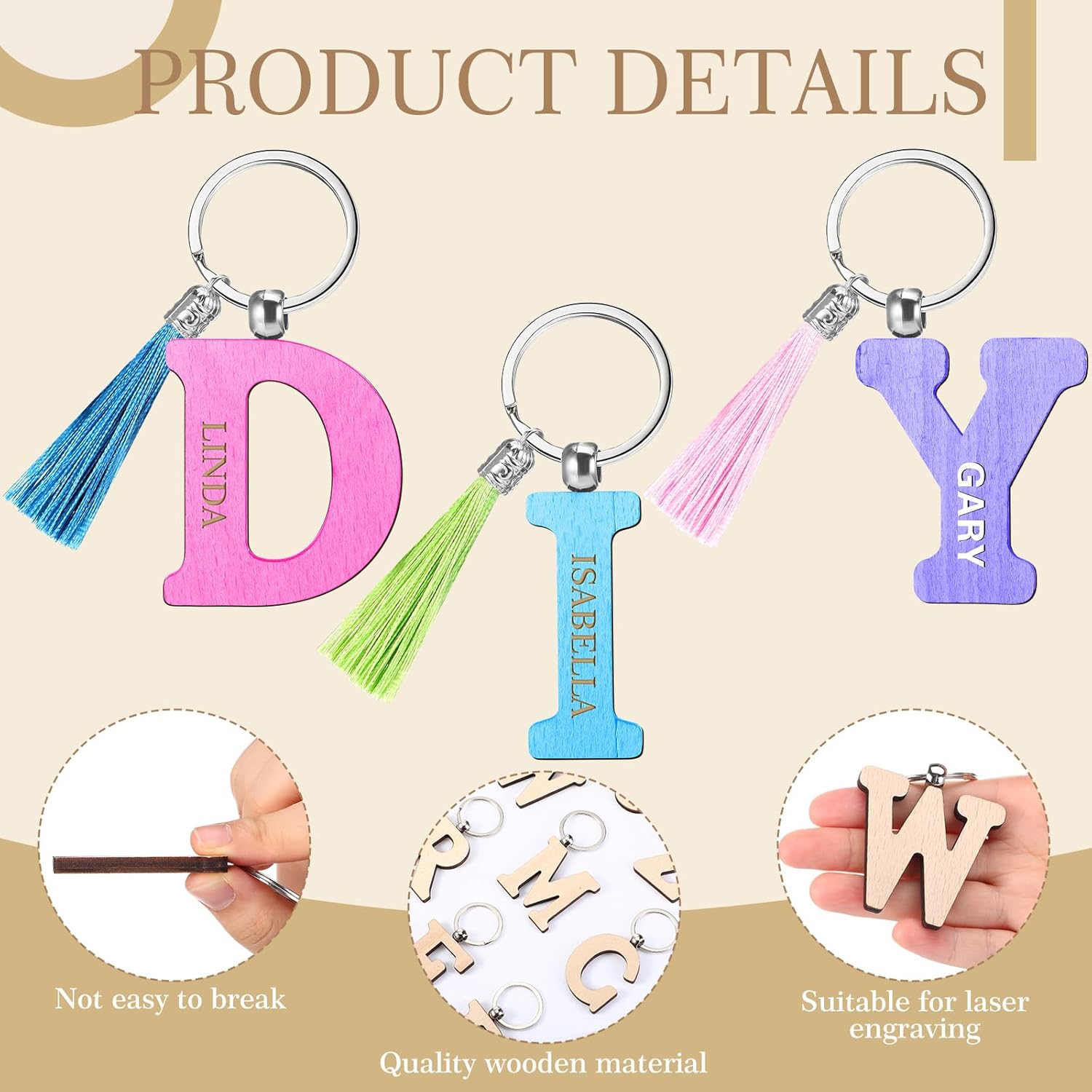 Tondiamo 52 Pcs Personalized Letter Keychain Wood Engraving Blanks Keyring Name Keychain with Tassel Container for DIY Craft