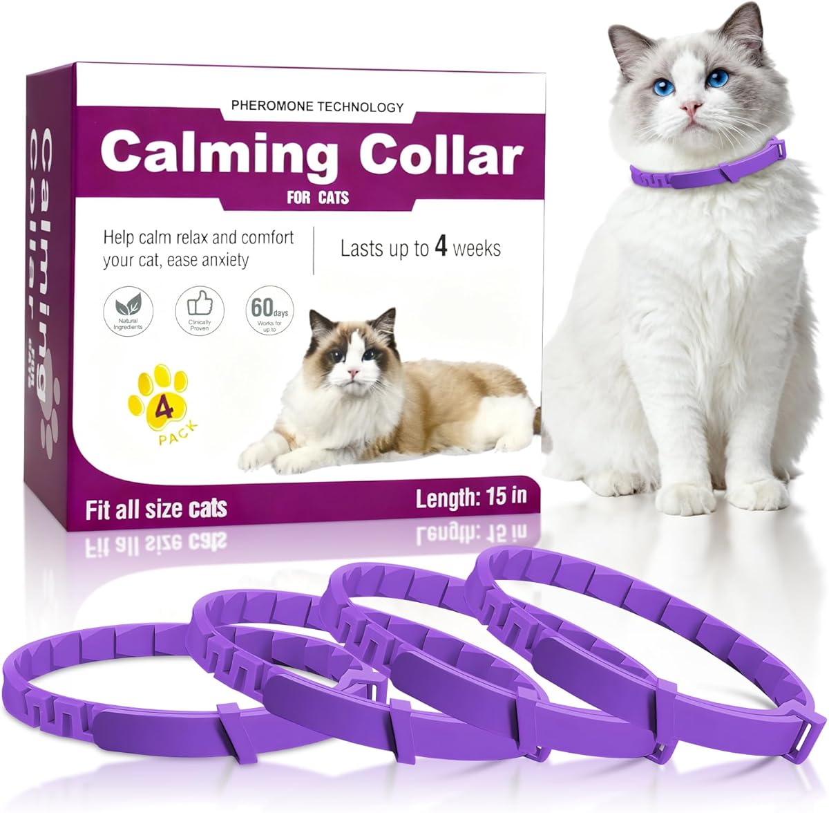 Calming Collar for Cats 4-Packs, Pheromone Collar for Cat, Relief Anxiety Stress Separation Lasts 30 Days, 15 Inches Size Flexible Adjustable, for All Small, Medium, and Large Cats Purple