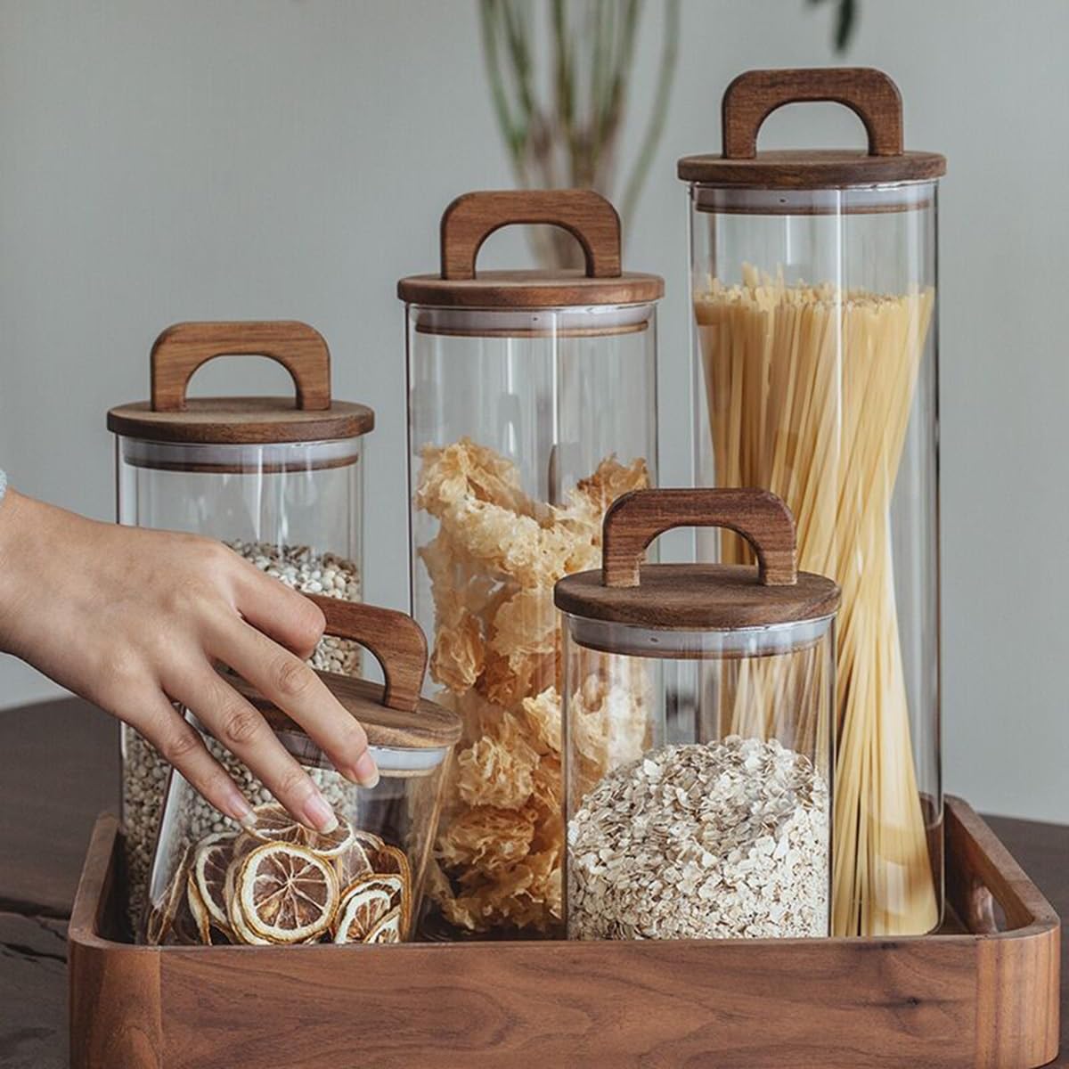 GIZNXBA Juego De 5 Botes Cocina Almacenaje Cristal Botes Cocina Hermeticos Contenedores Para Conservar Dulces, Galletas, Pastas, Frutos Secos, Harina De Avena