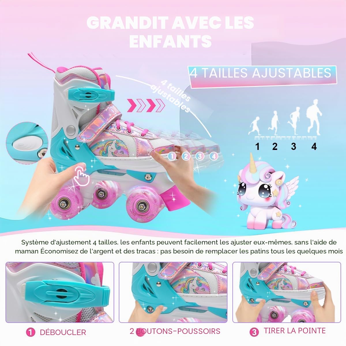 Rollers pour Enfants,Roller Enfant Fille,Roller Enfant Garcon,Patin a Roulette Réglables en 4 Tailles avec 8 Roues Clignotantes pour Garçons,Filles,Débutants
