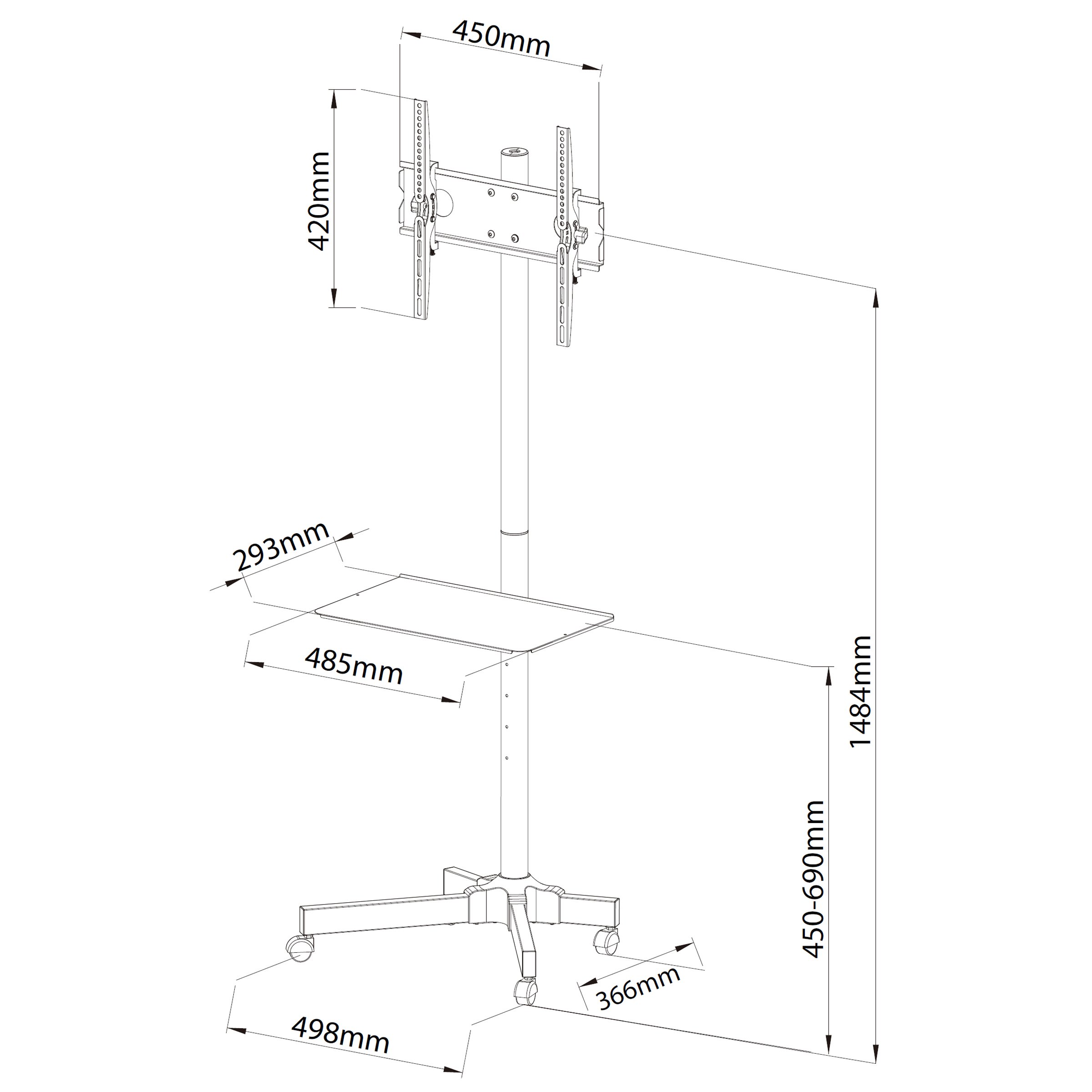 Ergosolid Falco-24 - Soporte de Suelo para TV, con Ruedas para Pantallas LCD LED y TV Curvas de 23"-55", Capacidad de Carga 25 kg, Negro