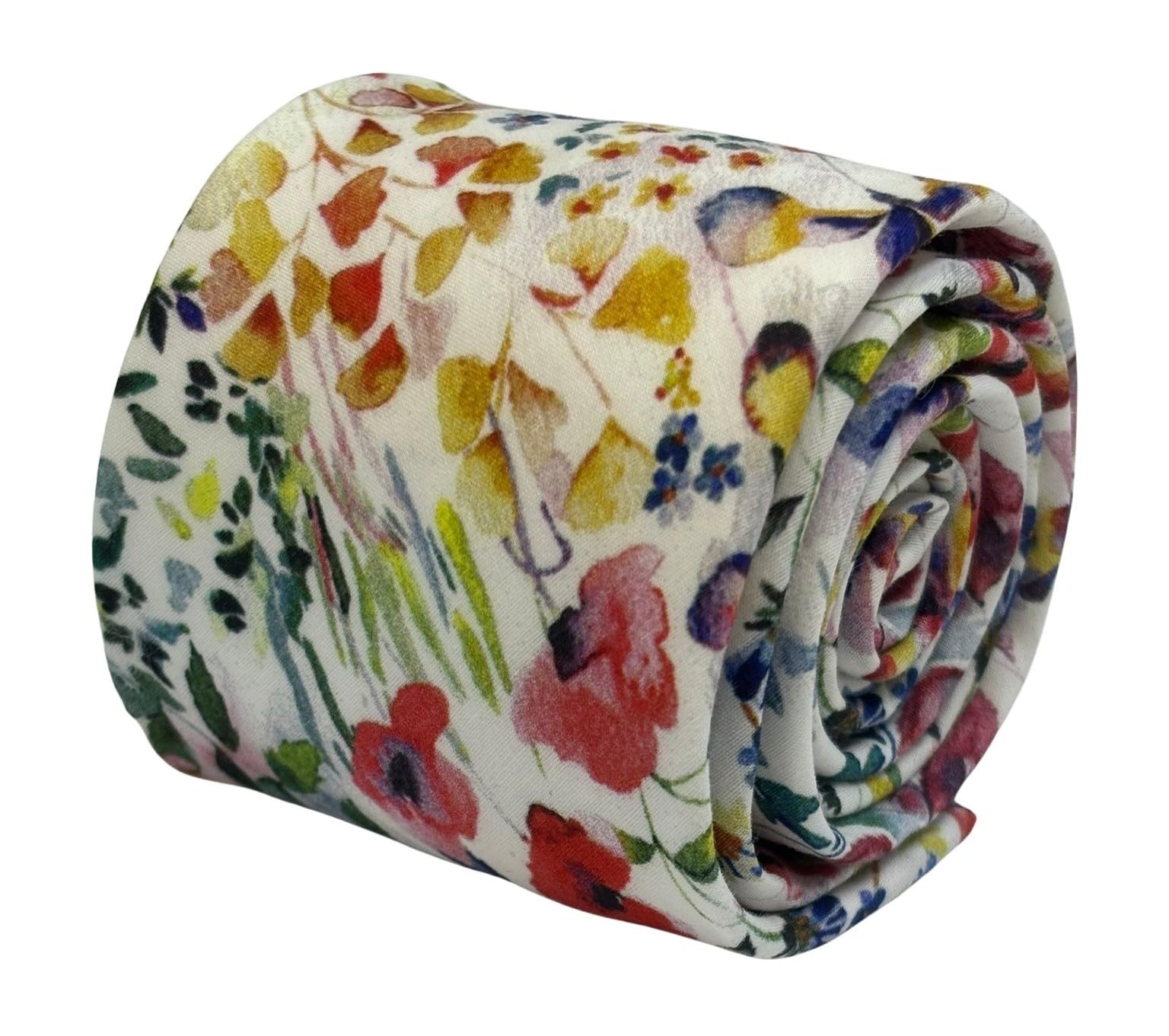 Frederick Thomas Men's Ivory Multicolour Watercolour Floral Felda Print Necktie - Liberty Of London Style, Classic Slim Cotton Tie For Business, Wedding Or Casual Wear, Slim 6.5Cm Width
