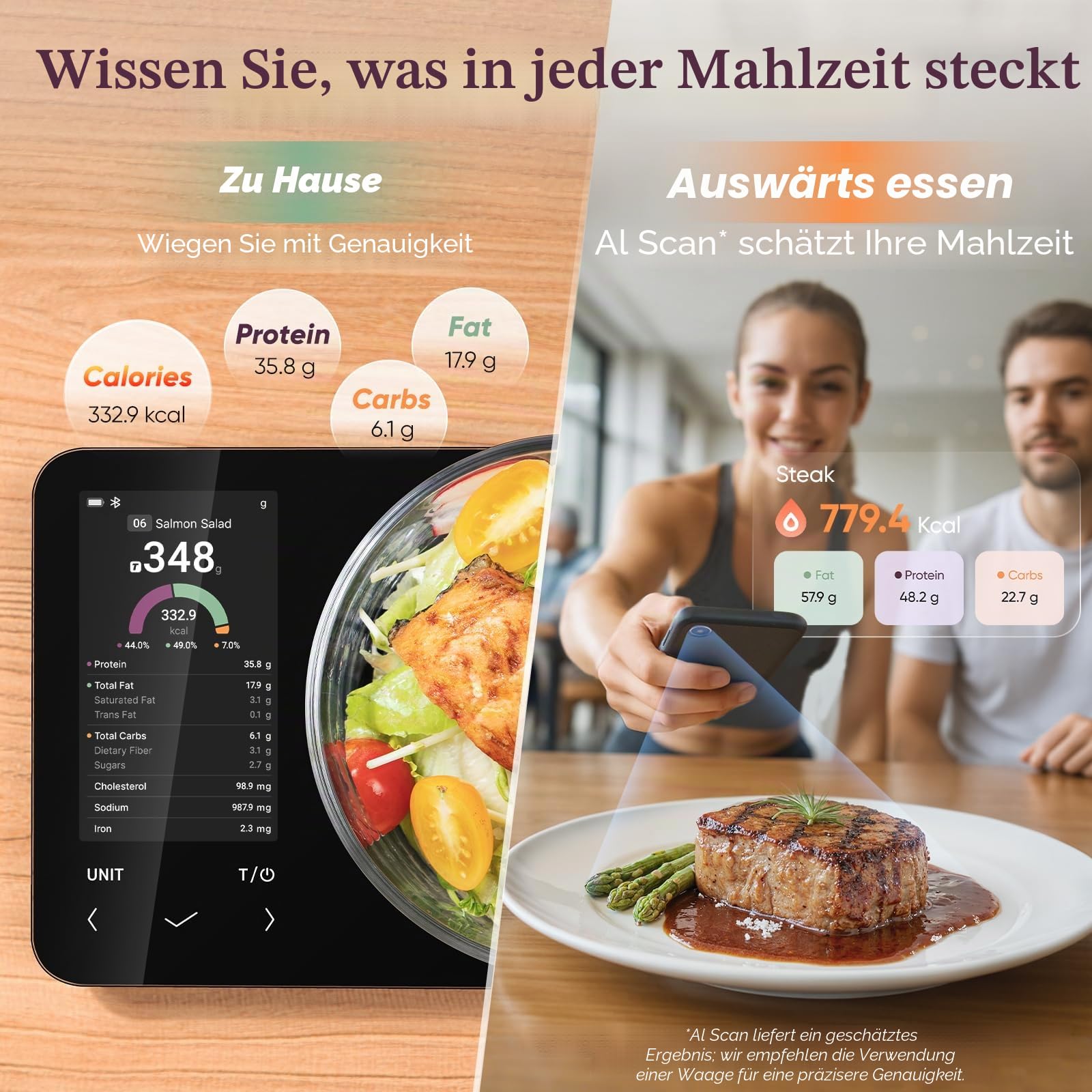 COSORI Intelligente digitale Lebensmittel-Küchenwaage mit Ernährungsrechner, Nährstoffinformationen auf dem Bildschirm, kostenlose App für Kalorien- und Makro-Tracking, KI-Scan, persönliche Ziele, zur