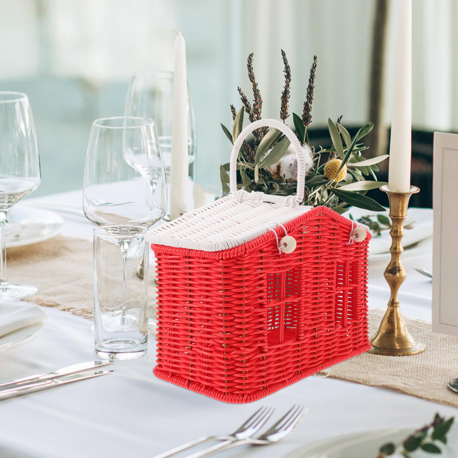 Kleiner Picknickkorb aus Rattanimitat mit Griff Handgeflochtener Retro Korb für Hochzeit Picknick und Gastgeschenke Rot Weiß
