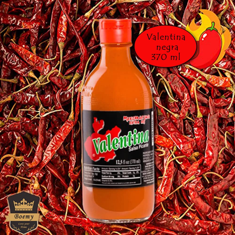 BOEMY Pack de 2 Salsas Valentina – La Original Valentina de México 370 ml. c/u, Amarilla Picante y Negra Extra Picante - la combinación perfecta para tus Snacks