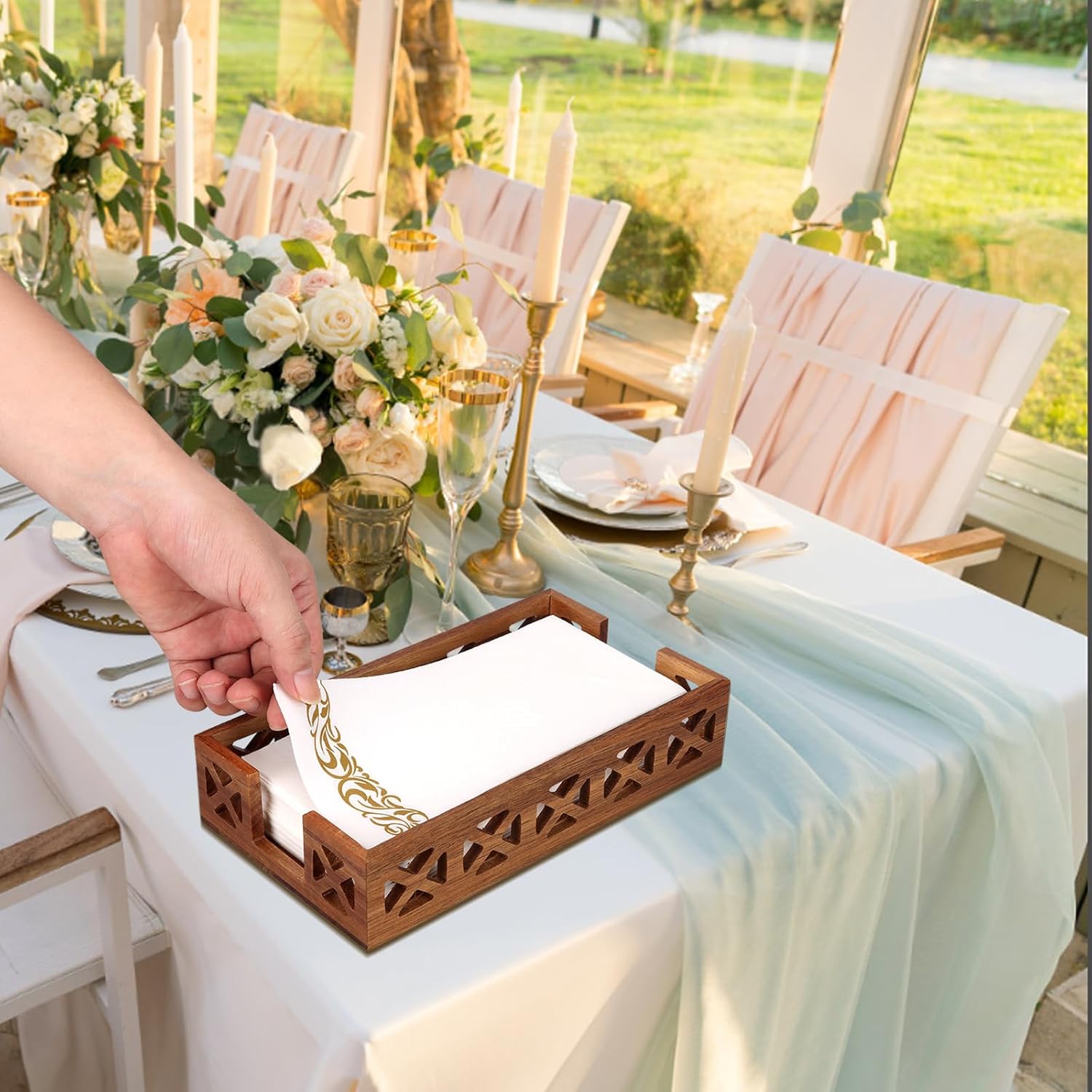 Acacia Wood Napkin Holder for Bathroom - Wooden Guest Towel Holder for Dining Table, Kitchen, Cocktail, Decor, Rustic Farmhouse, Bar, Party, Paper - Modern Disposable Hand Towel Holders, 9.5" X 5.5" - Image 2