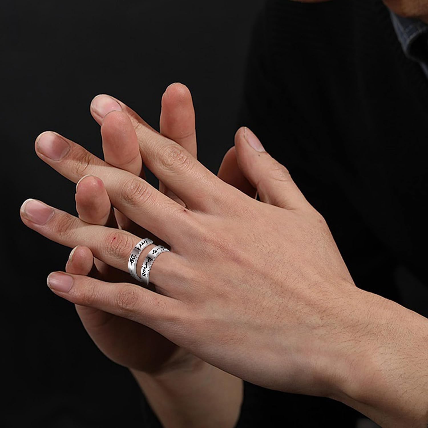 AILUOR Silver Keep Going Ring, Stainless Steel Inspirational Rings Jewelry Engraving Size Adjustable Bands Cool Personality Encouragement for Women Men Statement Ring