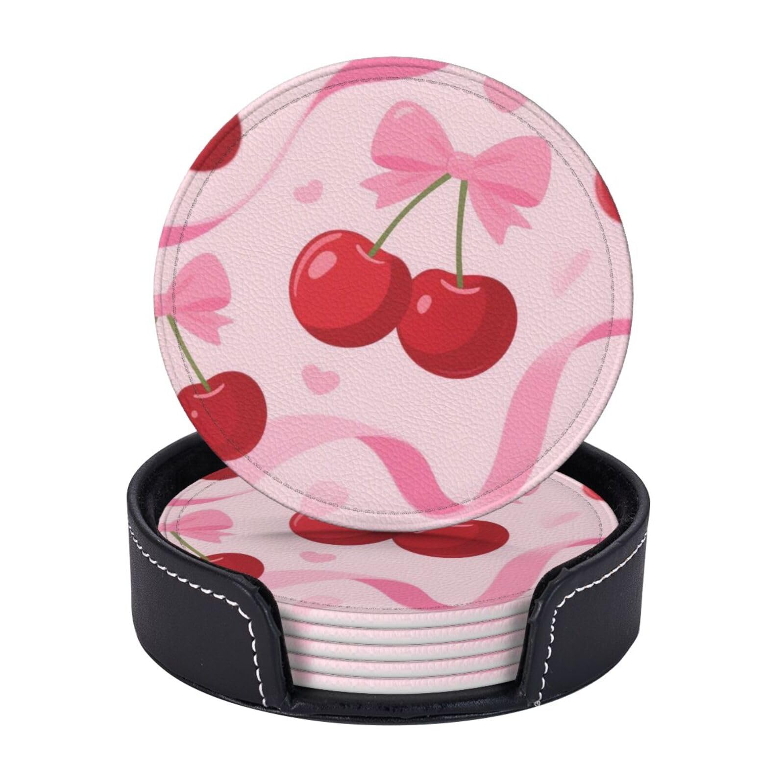 Leather Coasters for Drinks, 3.9" Set of 6 with Holder Non-Slip Bar Beer Beverage Coaster Cherry Pink Bow with Red Lips Round Cup Mat Pad for Tabletop Protection