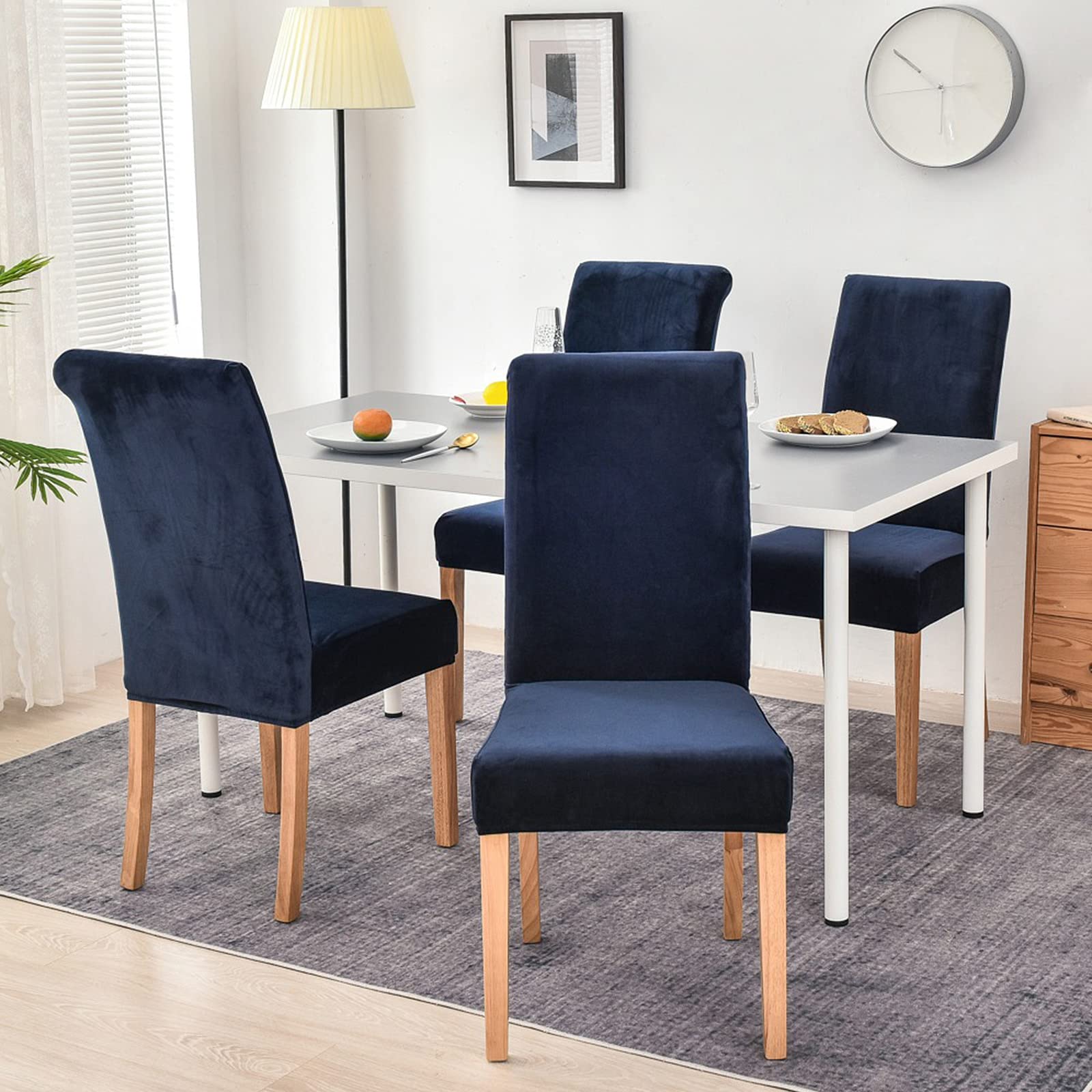 MIFXIN Dining Chair Cover Stretch Kitchen Chair Slipcover Elastic Spandex Removable Washable Chair Furniture Protector Seat Cover for Dining Room Banquet Ceremony Hotel Party (6 Pcs, Velvet Navy)