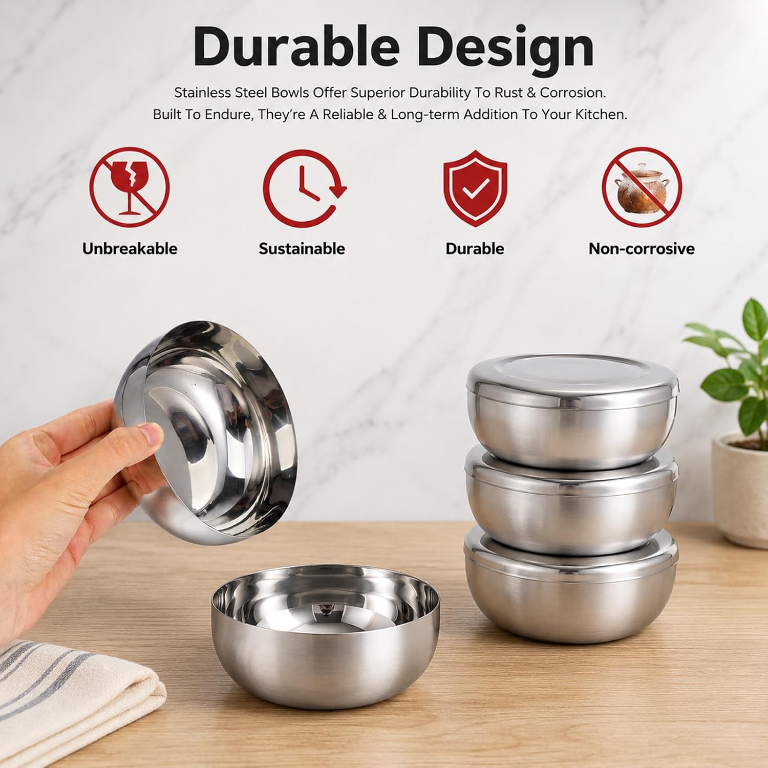 6Pcs Stainless Steel Rice Serving Bowls with Covers, Home Restaurant Use