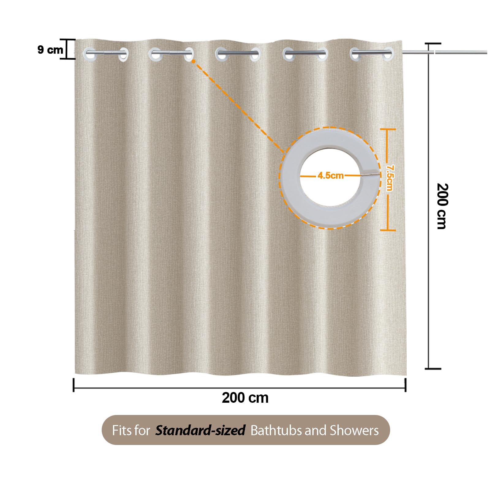 YISURE Zasłona Prysznicowa 200x200cm Lniana Beżowa Kremowa Zasłona Bez Haczyka Tkanina Tekstylna Wytrzymała Powierzchnia Wodoodporna Szerokość 200 x Wysokość 200cm