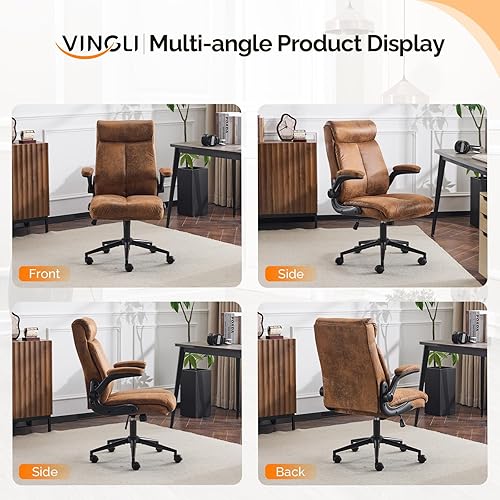 Miniatura 3 de VINGLI Silla de escritorio de oficina ergonómica de microfibra marrón con ruedas, brazos abatibles acolchados, silla de computadora ejecutiva de
