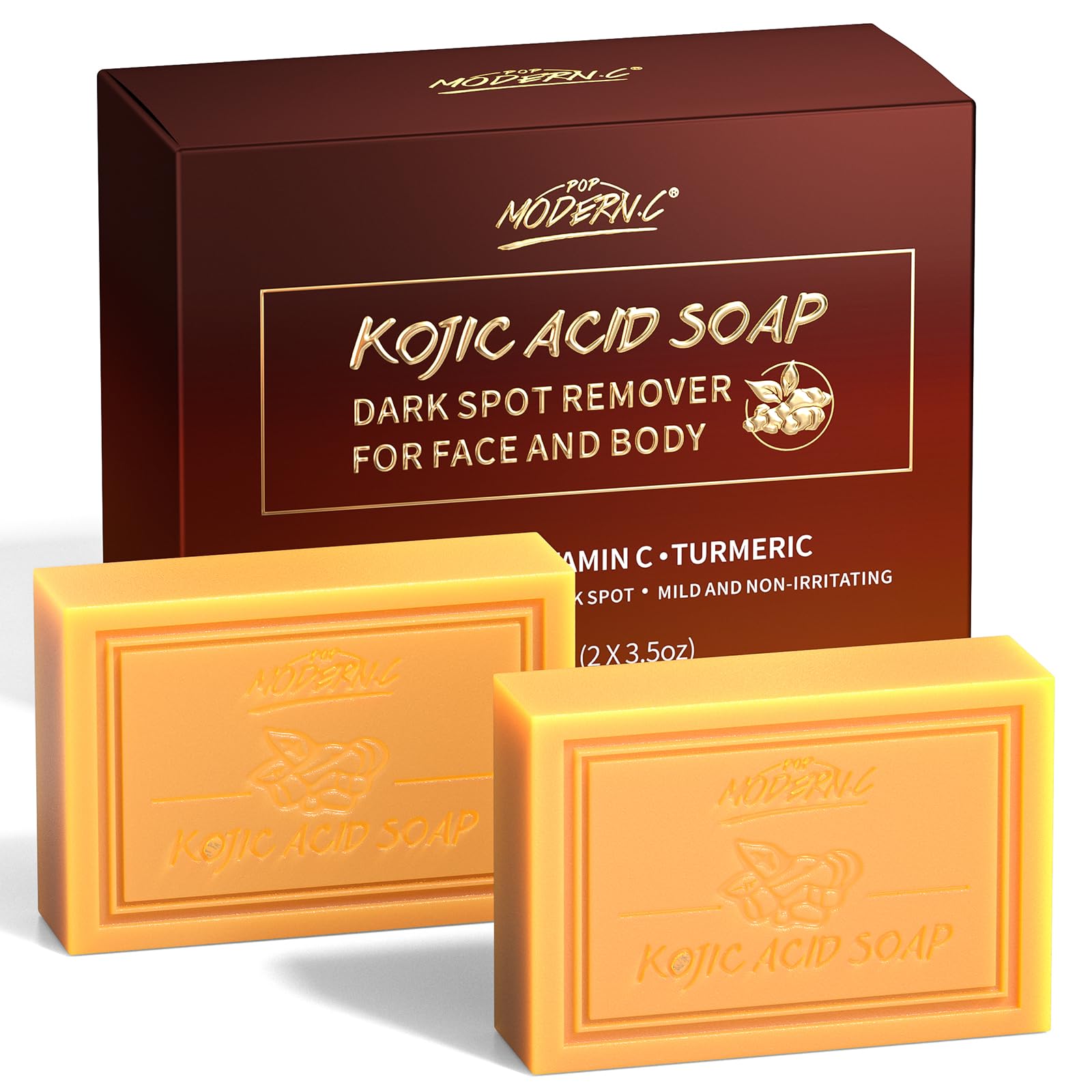 2PCS Kojic Acid Soap, Turmeric Soap Bar & Vitamins C, Dark Spot Remover for Face and Body, 100g x2 Moisturizing for Acne Blackheads Remover, Hyaluronic Acid for Deep Cleansing
