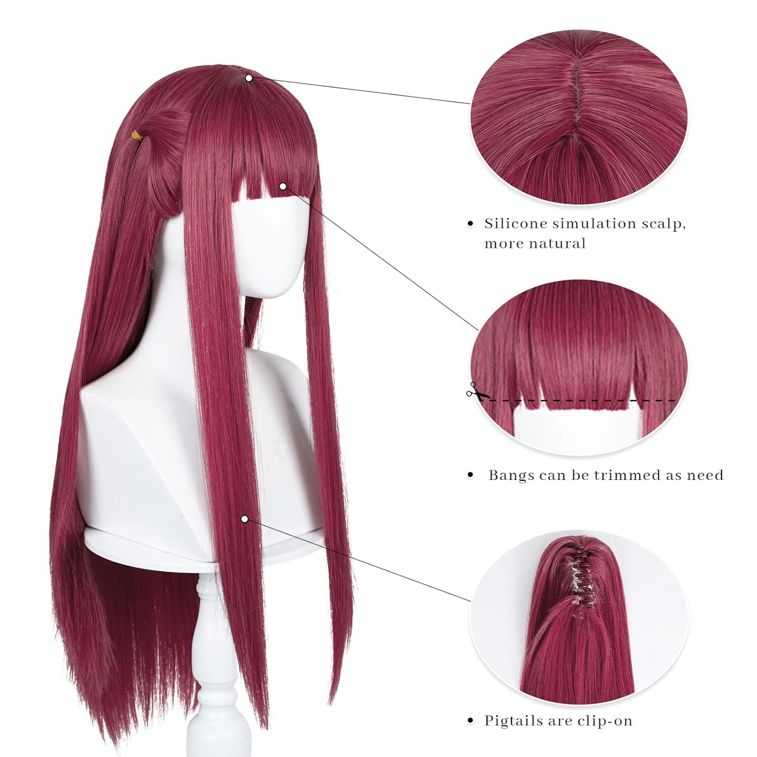LABEAUTÉ Dark Red Ponytails Wig for Women Girls Cosplay Devil Wig with Clip-on Pigtails Anime Straight Hair with Bangs for Halloween Party with Cap (Dark Red)