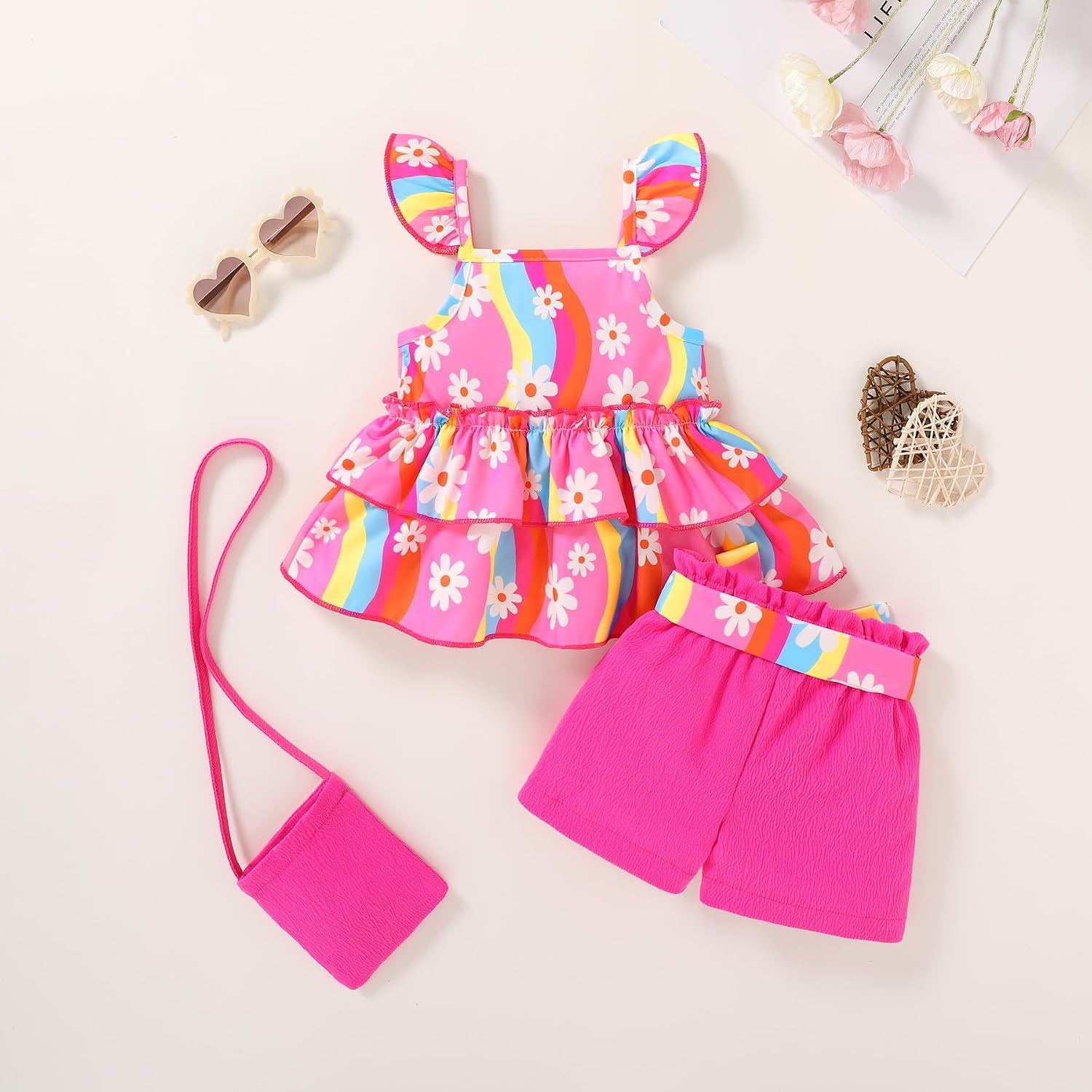 YOUNGER TREE Toddler Baby Girl Clothes Ruffle Sleeveless Strap Dress Tank Shorts Set Summer Outfits With Bag image 2