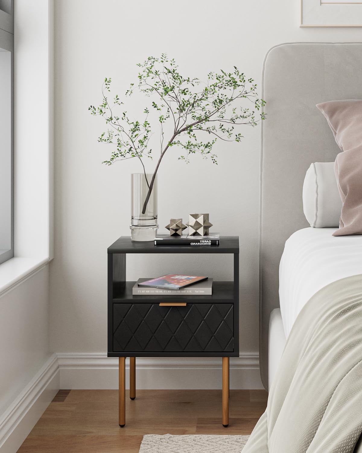 MasupuNightstand,Small Bedside Table with Gold Frame,Black Night Stand,Bedside Furniture,Side Table with Drawer and Shelf for Bedroom,Living Room,Diamond