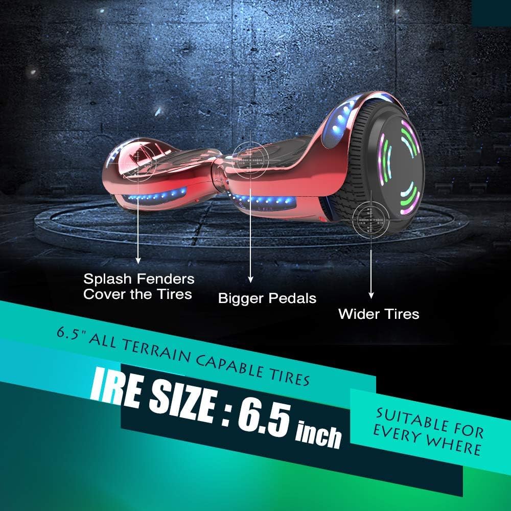 Hoverboard highlighting 6.5 inch all-terrain wheels, splash fenders, bigger pedals, and wider tires