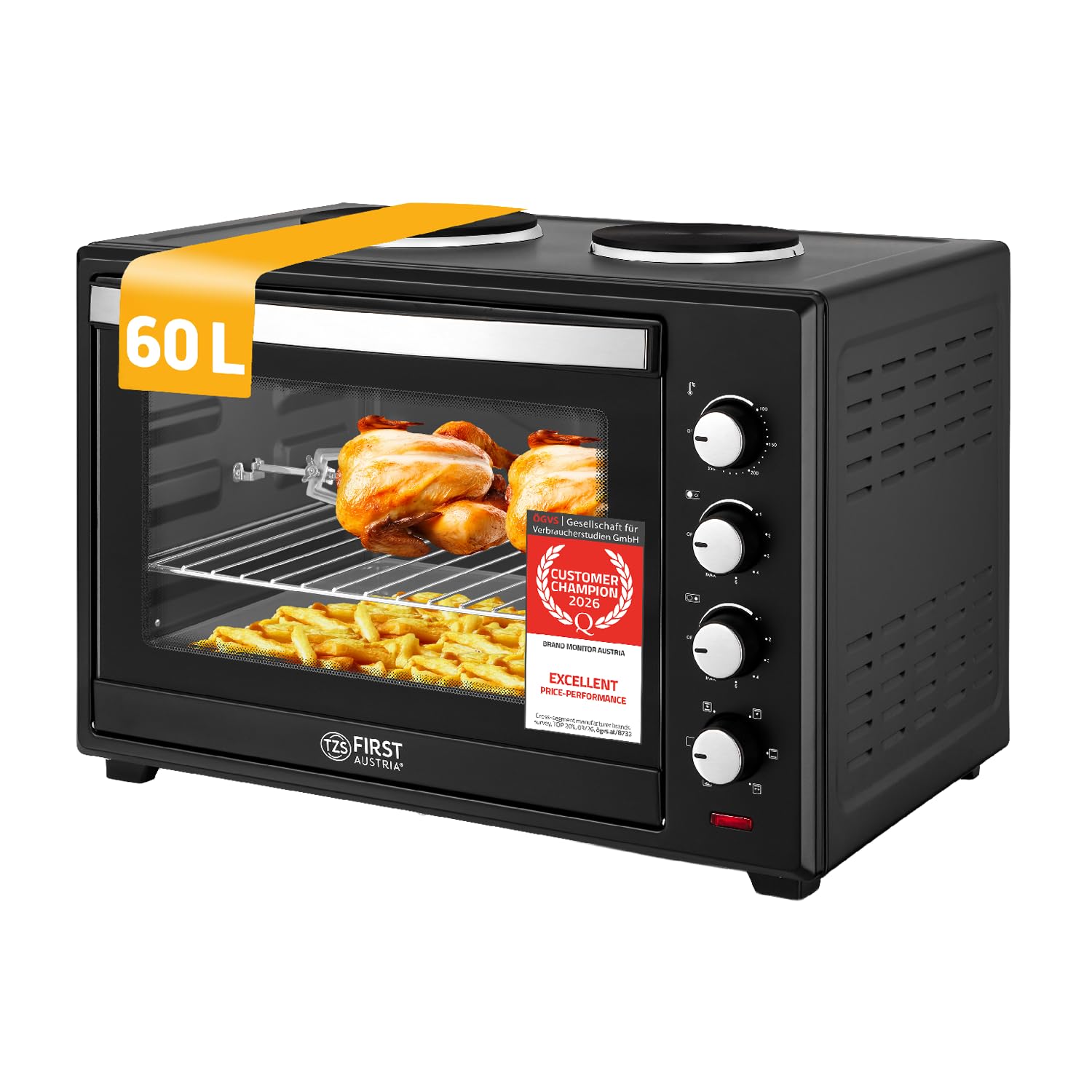 TZS First Austria - Mini Horno con quemadores 60L 3200 W - Minihorno para pizza con placas hasta 230°C y 6 modos de calentamiento - Multihorno con 4 alturas de inserción y accesorios de calidad
