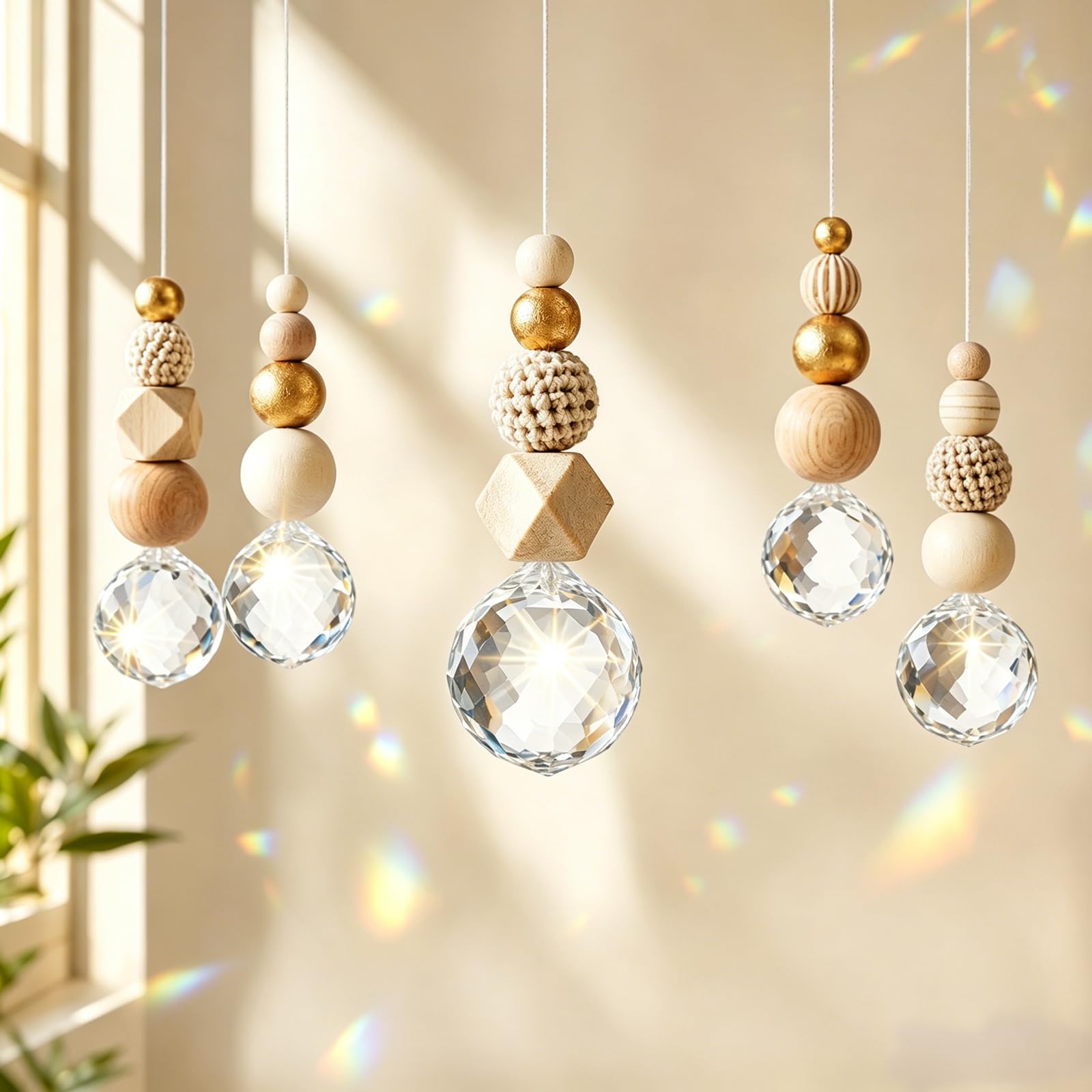 Yuragim Kristall Sonnenfänger Bastelset, 5er Set Suncatcher mit Holz- & Kristallkugel, Skandinavische Wohnraum Dekoanhänger DIY Sonnenfänger Basteln Garten Windspiel Hängedeko Lichtspiel Fenster