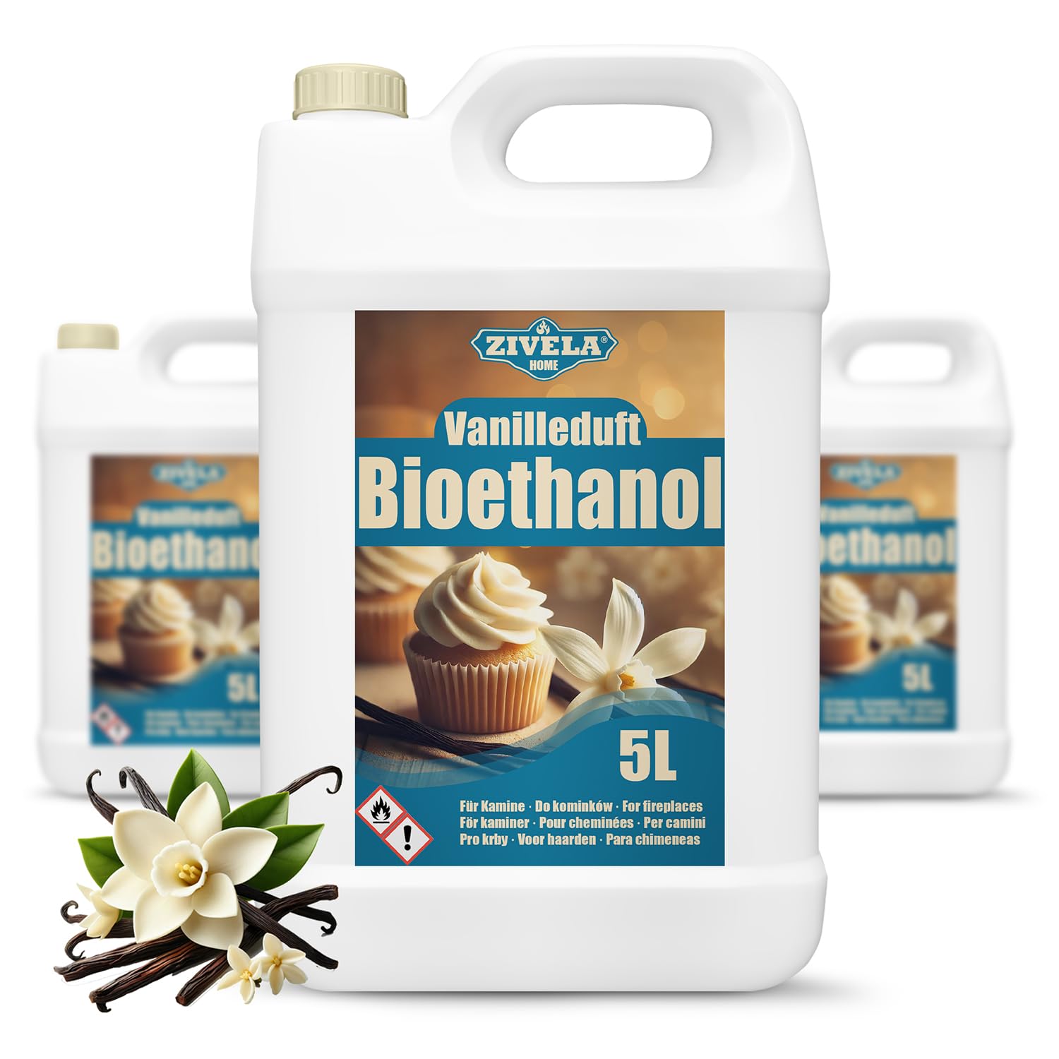 Bioetanolo 96,6% 15 l, profumo di vaniglia biologico 96,6% 3 x 5 l, bioetanolo per camino, caminetto, camino a bioetanolo, profumo di vaniglia, combustione pulita, senza fumo, fiamma vivida e stabile