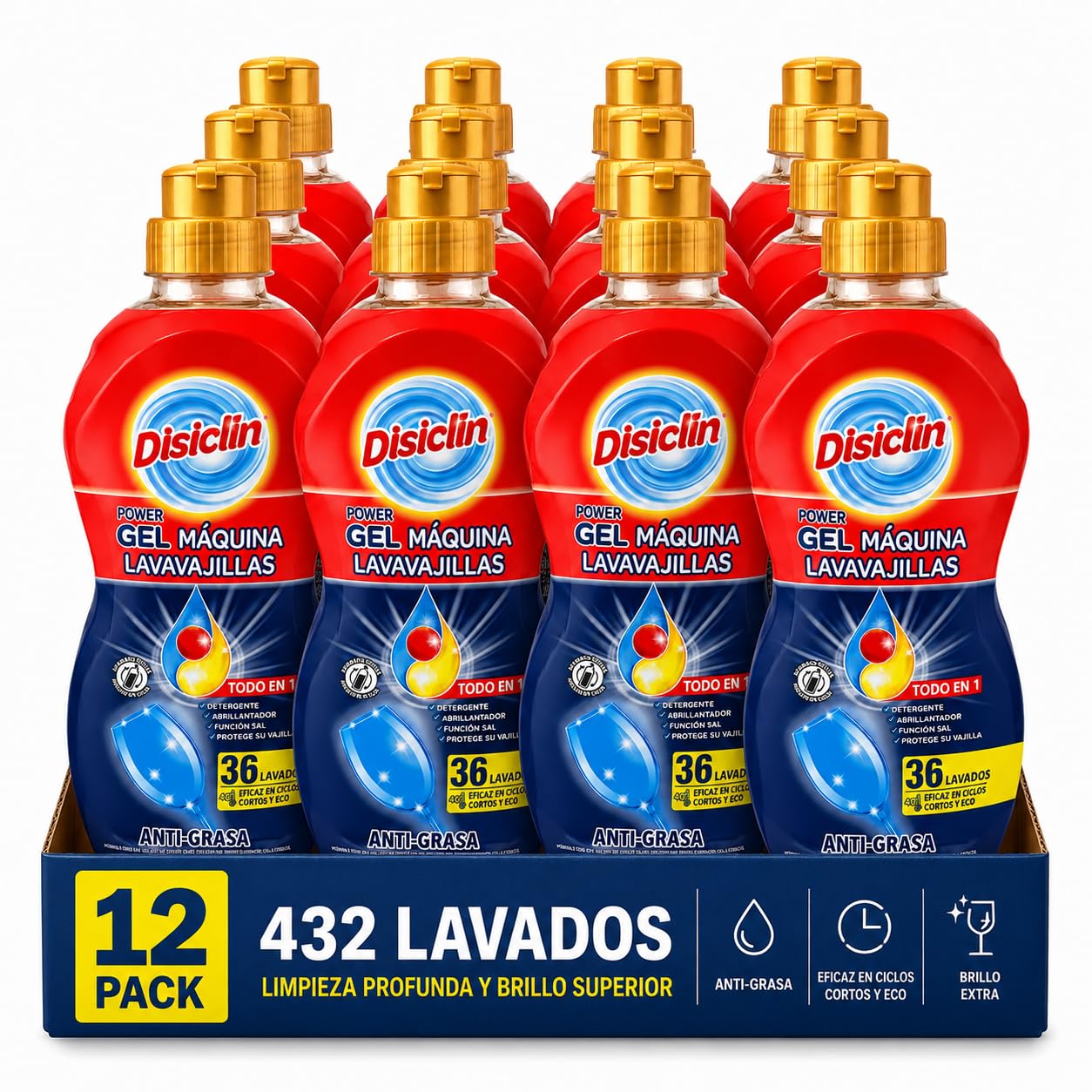 DISCLIN - Pack 12 unidades Gel Lavavajillas Máquina Todo en 1 | 36 Dosis Hidrosolubles | Limpieza de Vajilla, Vasos y Cubiertos | Acción Desengrasante | Formato Práctico | Rasmacor
