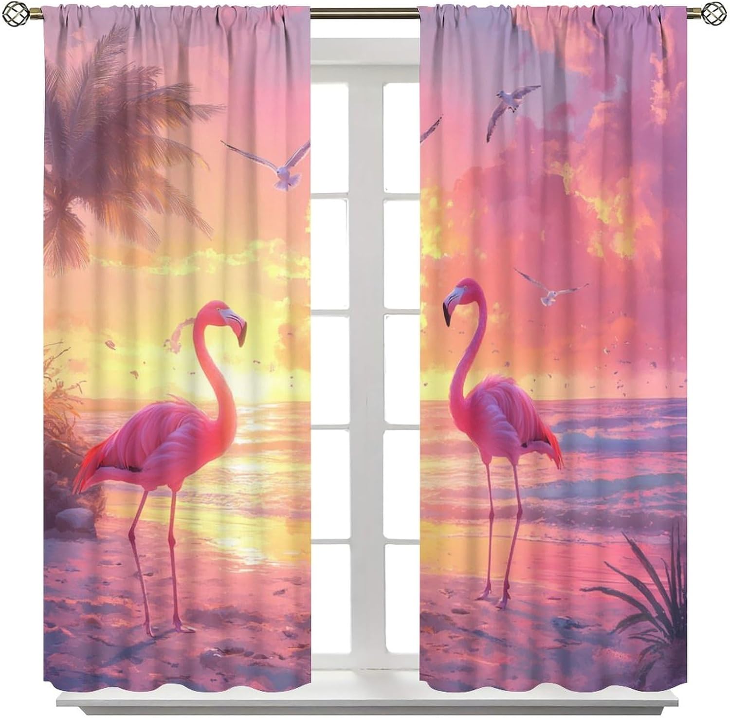 Tropical Beach Flamingo Blackout Curtains for Bedroom, Grommet Drapes Thermal Insulated Room Darkening Sunset Ocean Coastal Curtains, 21W x 63L, 2 Panels