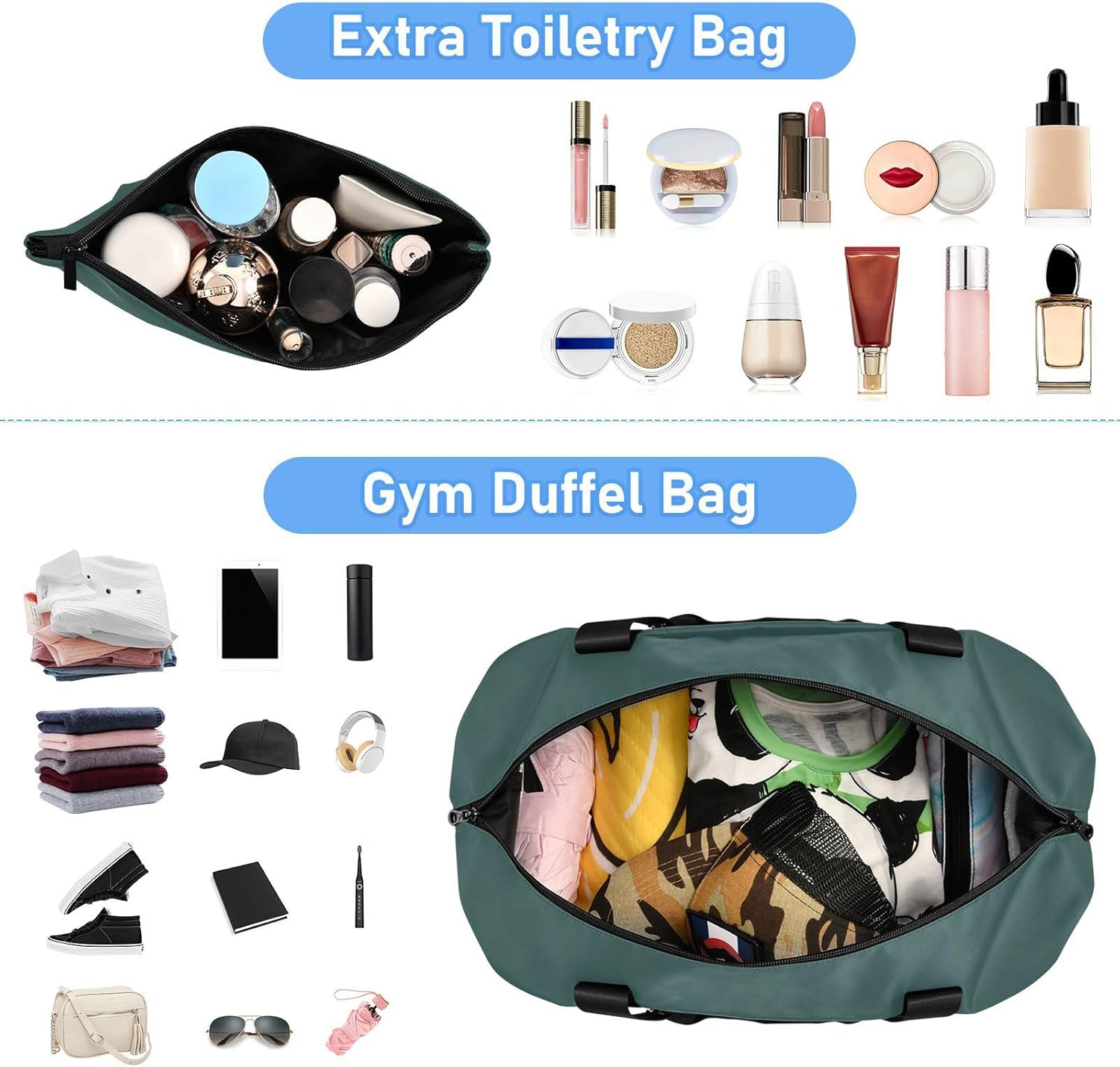 Dark Slate Gray Solid Color Pure Plain Travel Tote Gym Bag Weekend Bag with Toiletry Bag for Travel 2 Pcs Set