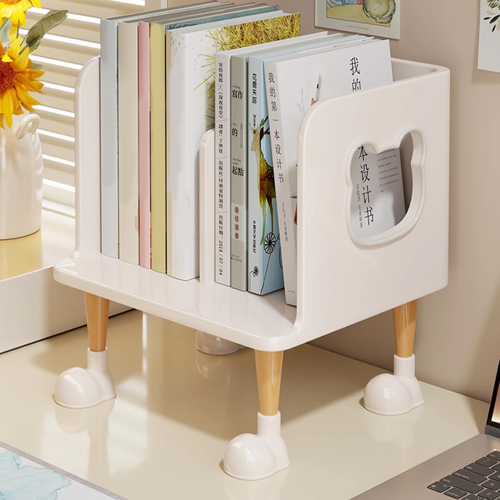 Simpatico fermalibri per scrivania – Mensola porta libri per bambini pastello con multi-scomparto, base anti-ribaltamento e design aperto, decorazione per libri di testo, quaderni e penne