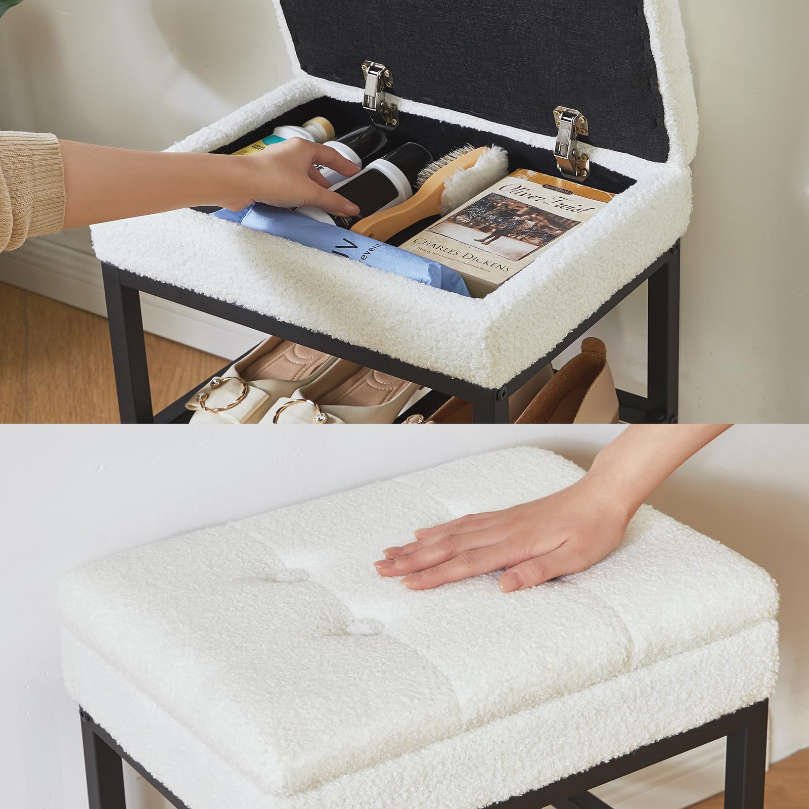 YMYNY Banco Zapatero con Asiento y Almacenamiento, Blanco, HSC001W | Zapatero Entrada Recibidor con Almacenamiento Oculto para Sala de Estar, Pasillo, Dormitorio