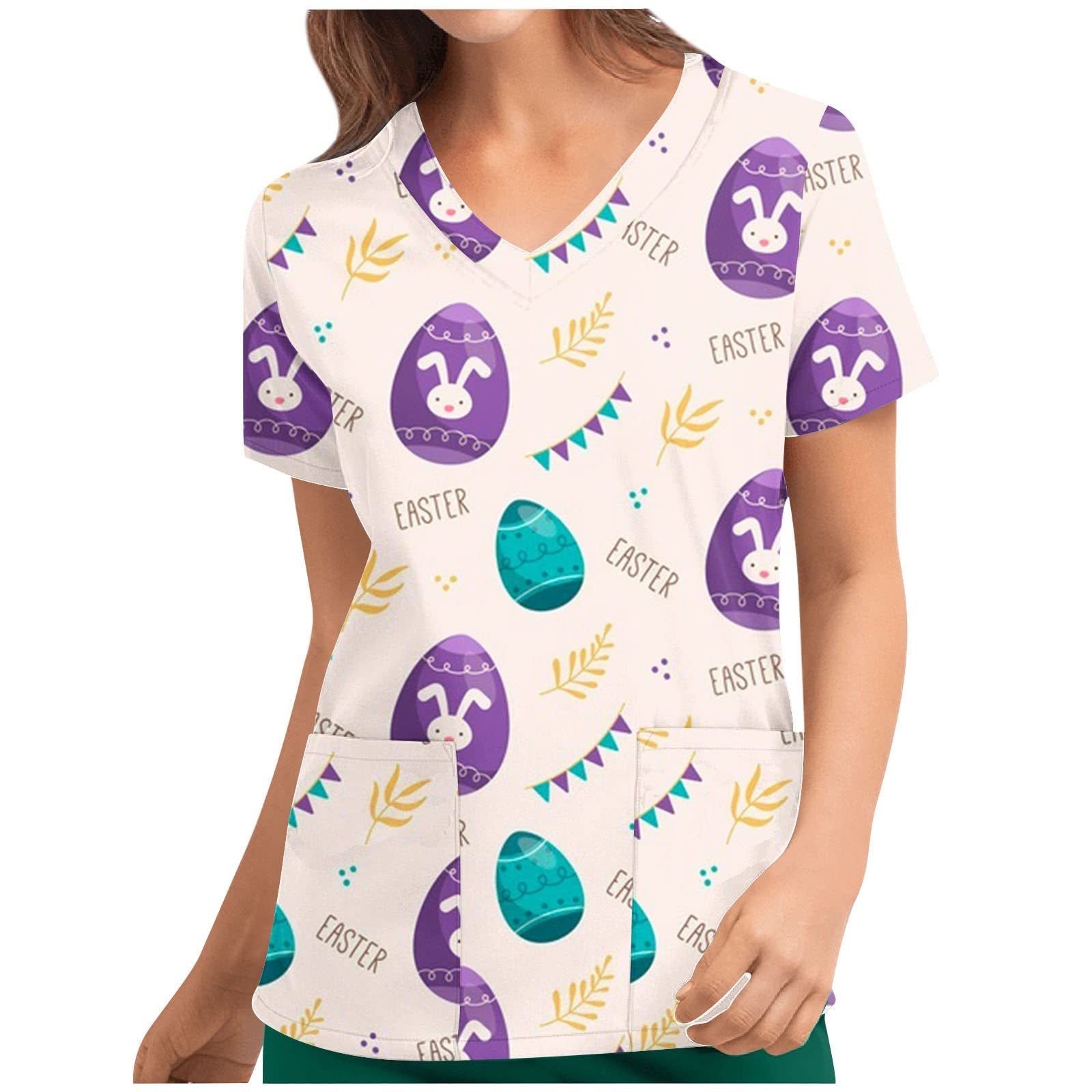 Easter Working Uniform for Women Cute Rabbit Egg Printed Shirts Short Sleeve V Neck Tee Holiday Carer Tops Blosue with Pocket
