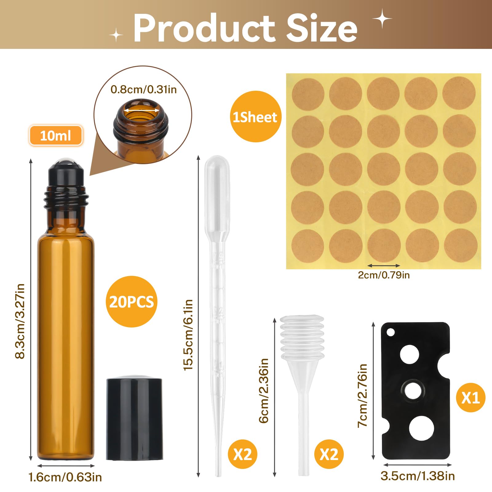 20 flaconi di vetro arrotolabili per oli essenziali da 10 ml, marrone, ricaricabile con apri, contagocce e adesivi per oli, profumi