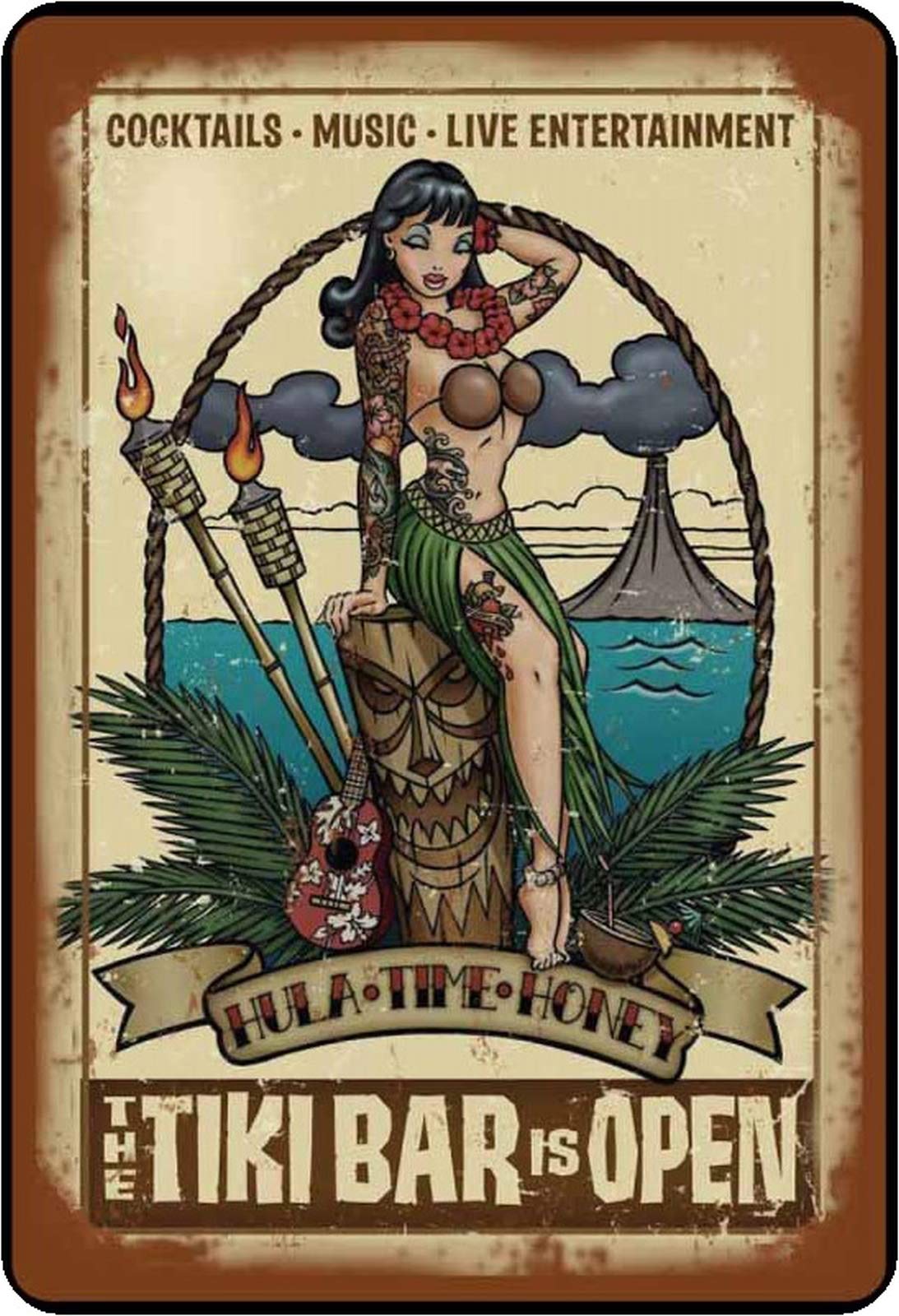 Schatzmix Blaszana tabliczka Cocktail The Tiki Bar is Open metalowa tabliczka 20 x 30 cm dekoracja ścienna tin Sign