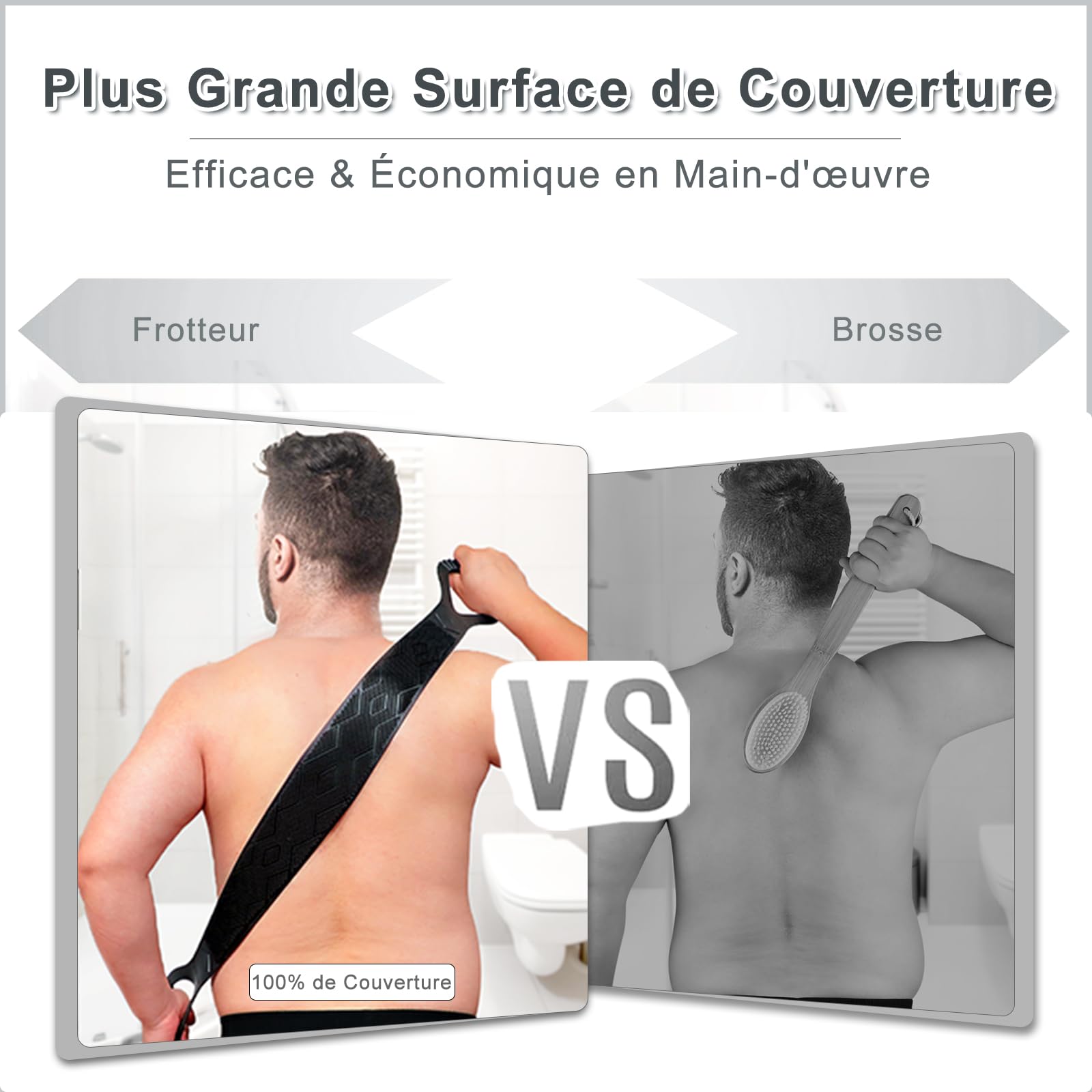 FREATECH Brosse Dos à 2 Côtés pour Nettoyage en Profondeur et Massage, 90 cm Bain Douche Corps Brosse Rondelle, Couvrez Facilement Tout le Dos, Hygiénique et Durable, Noir