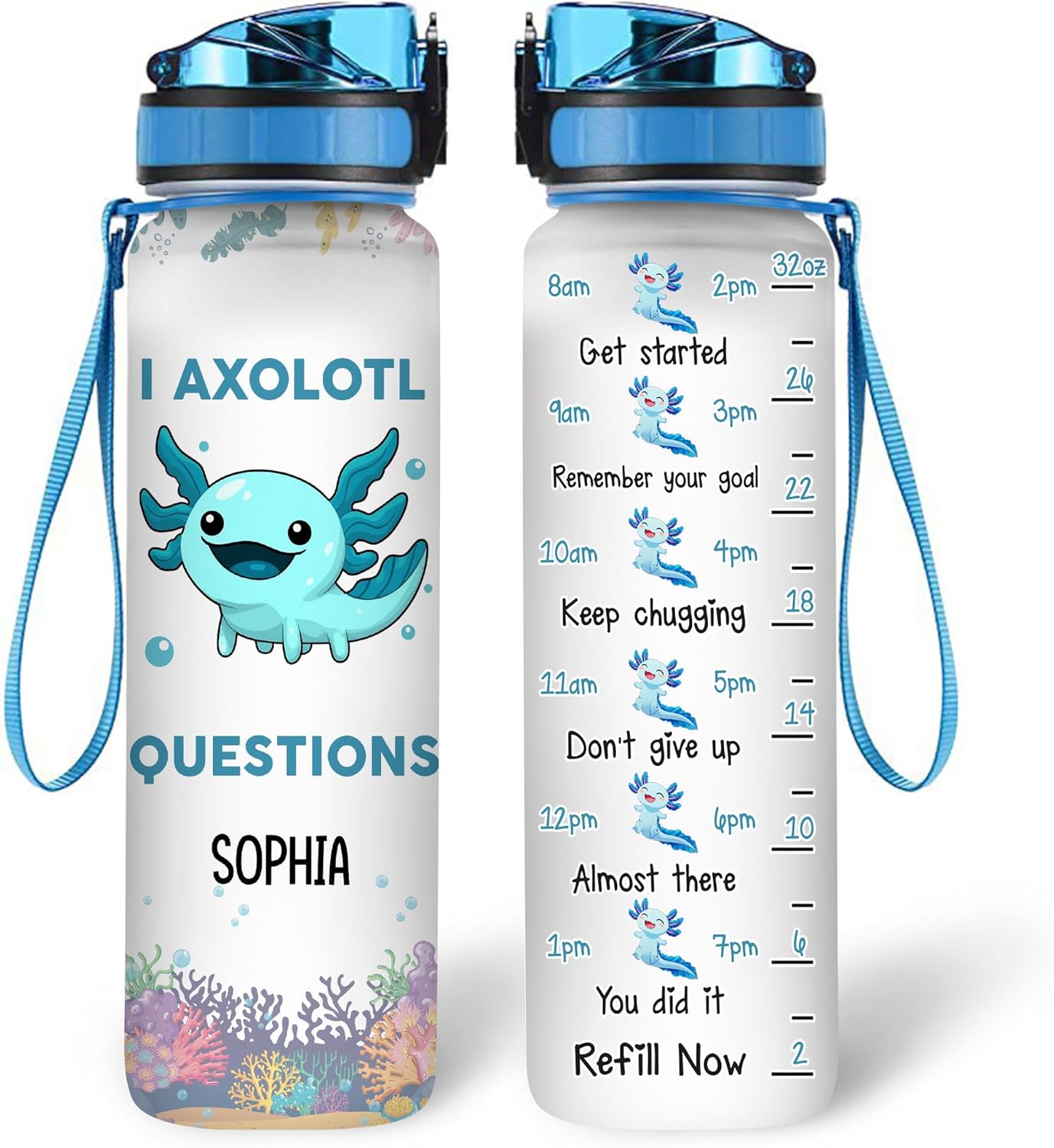Hyturtle Personalized Axolotl Water Bottle - 32oz Motivational Water Bottle with Leak-Proof Lid & Time Marker - Custom Name Gift for Axolotl Lovers, Women, Girls, Boys - Birthday & Christmas Gift