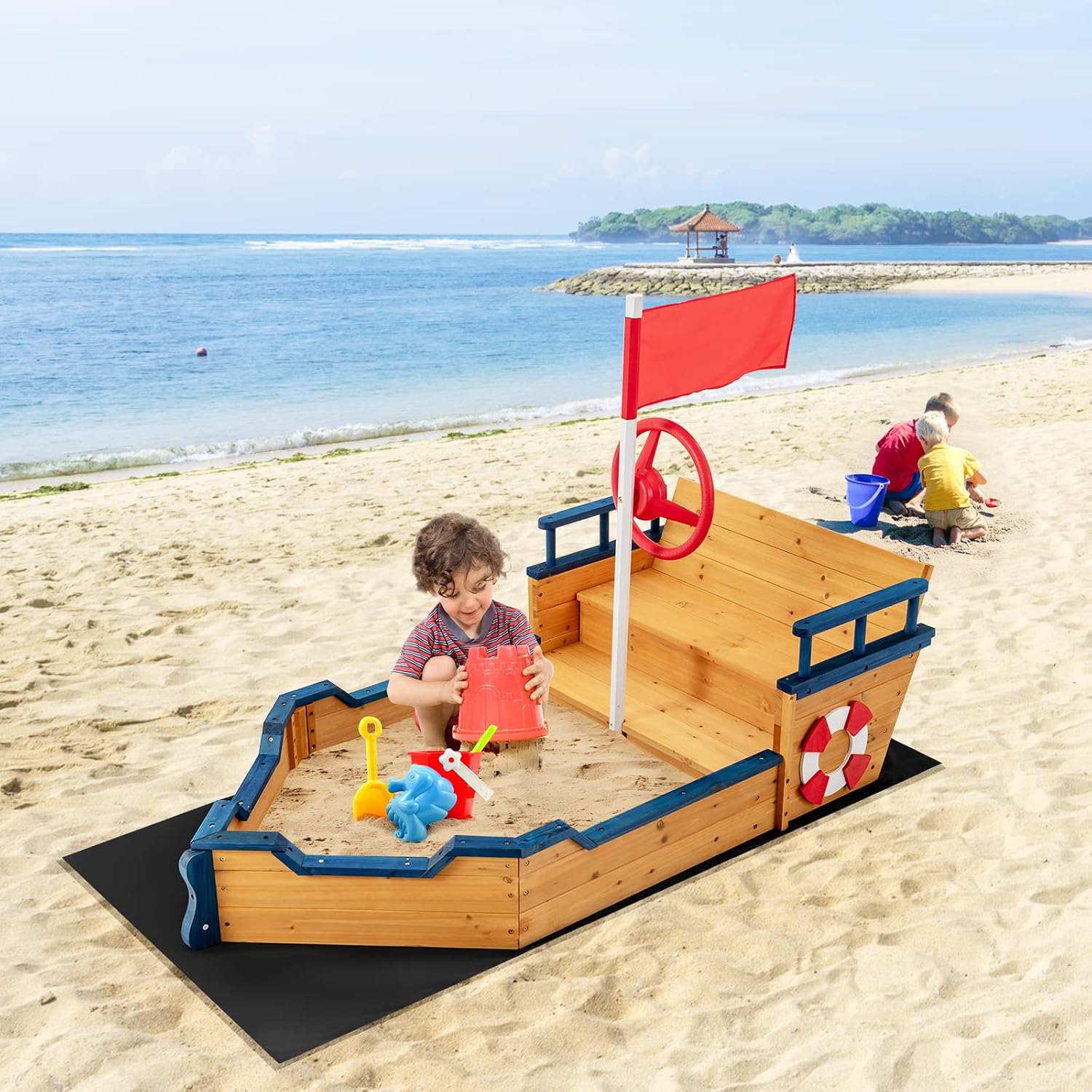 GLACER Kids Sandbox Pirate Ship, Bottomless Wooden Sandpit w/Liner, Storage Space, Realistic Flag & Rudder Buoy, Play Sand Boat w/Backseat, Outdoor Sand Boxes for Backyard, Bench, Lawn, Garden