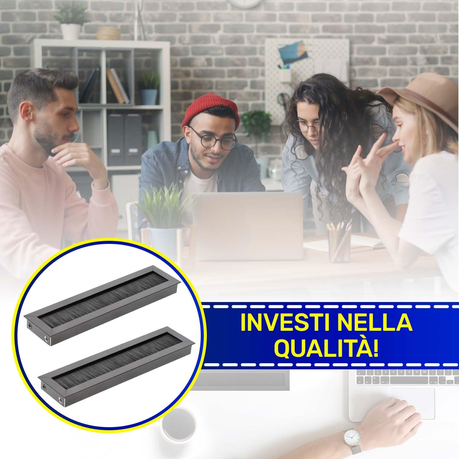 MONTERAL 2 Pezzi Passacavo per Scrivania 180 x 51 mm H19 mm Colore Nero - Tappi Passacavi Scrivania con Spazzola - Garanzia di 10 Anni