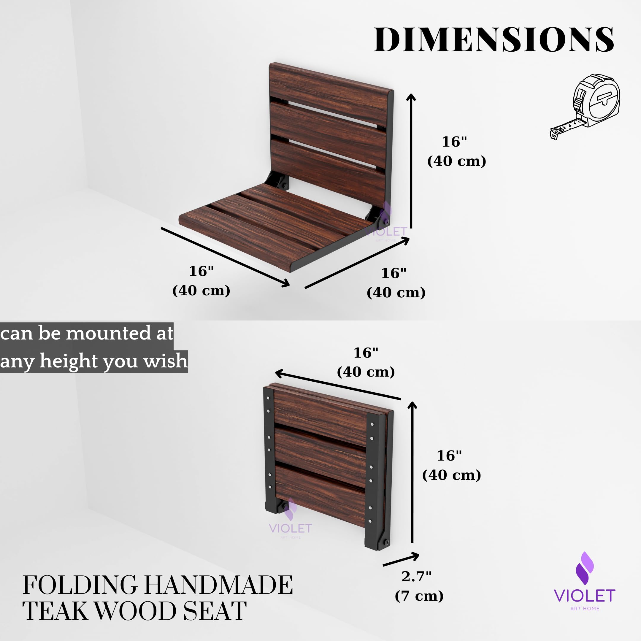 Folding Wall Mounted Teak Wood Shower Seat With Legs, ADA Compliant Durable Bath Bench, Sturdy Space-Saving Bathroom Stool, Easy Folding Handmade Compact Chair (Black, Medium