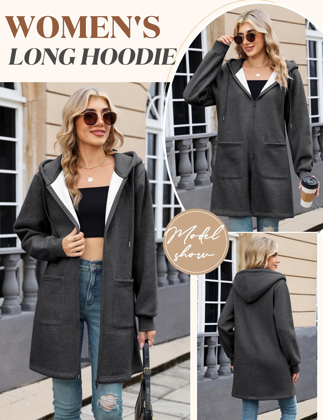 Vancavoo Sudadera Larga Mujer con Capucha y Cremallera Bidireccional | Chaqueta Casual con Cordón, Puños de Canalé y 2 Bolsillos de Parche, para Primavera, Otoño y Uso Diario