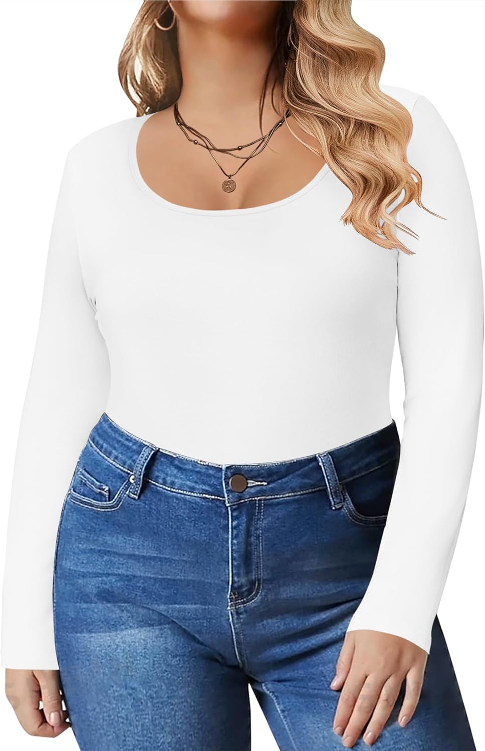 IN’VOLAND Women’s Plus Size Long Sleeve Shirts Scoop Neck Slim Fitted T Shirt Stretchy Bodycon Basic Tee Tops