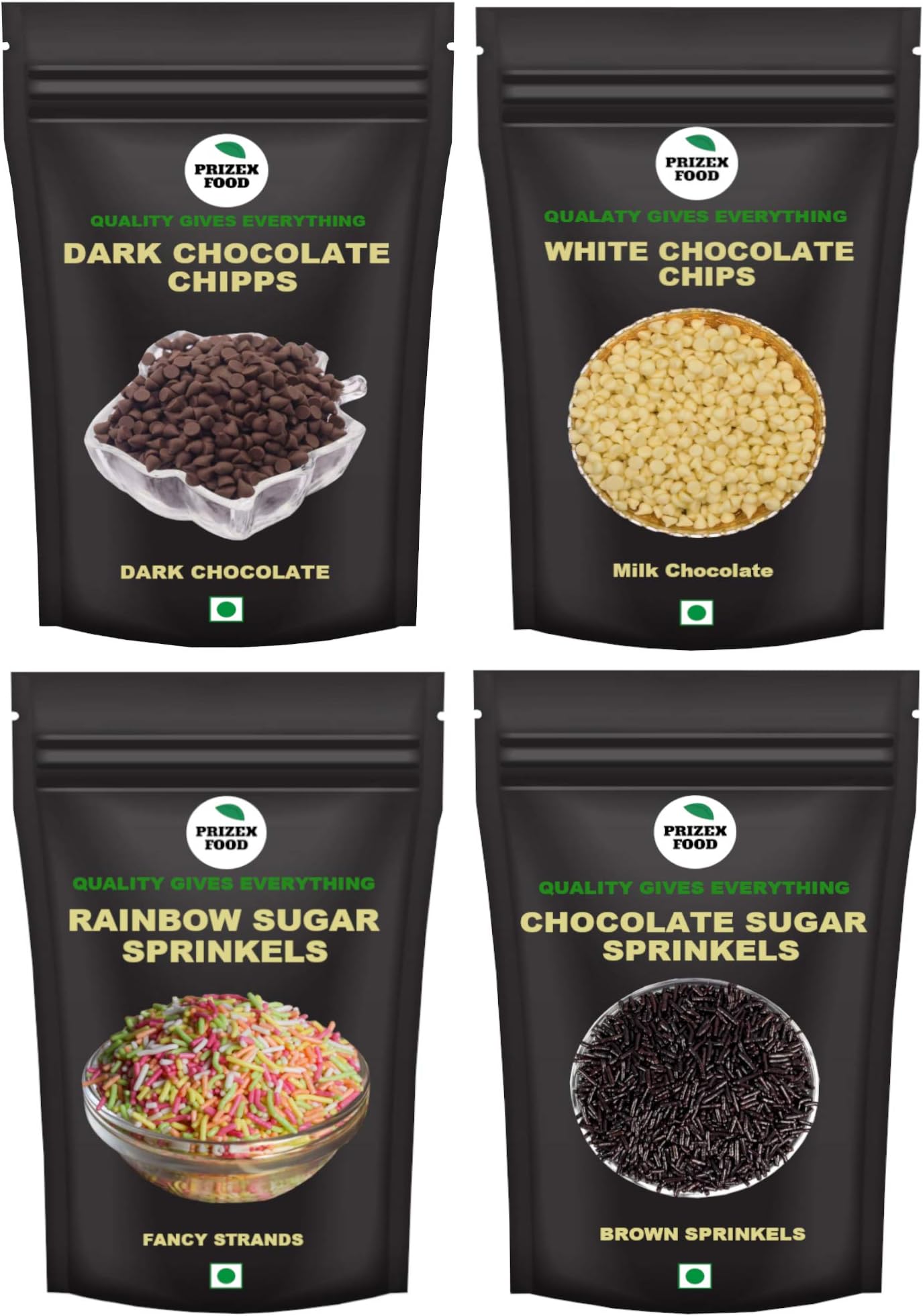 Combo of Rainbow Sprinkles, Choco Sprinkles , Dark Chocolate Chips&White Chocolate Chips 200g (Pack of 4*50g Each)