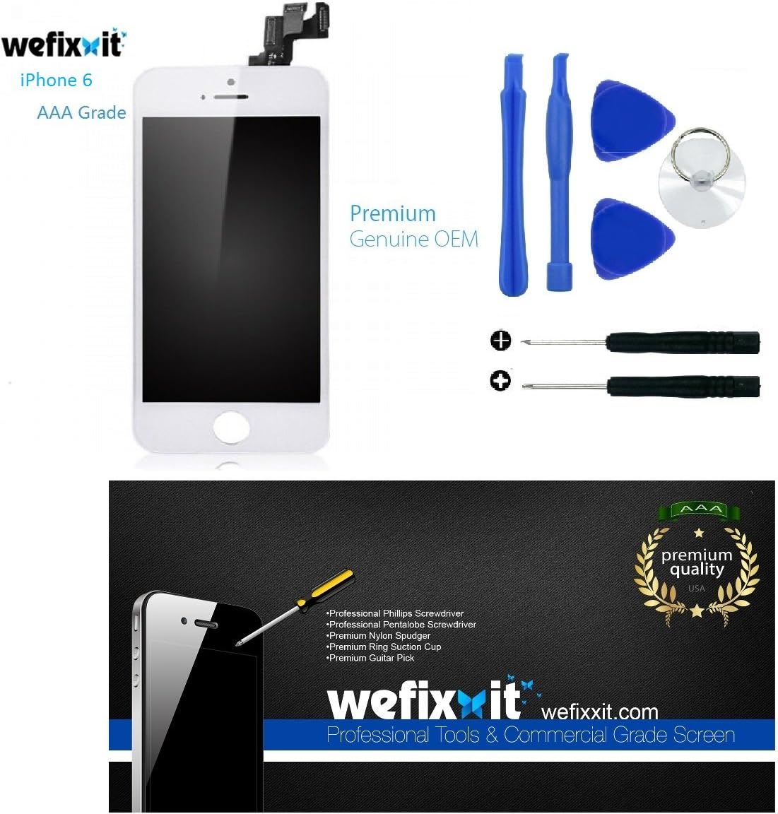 Premium iPhone LCD Screen Replacement Parts for iPhone 6 White with Repair Kit : by Wefixxit (LCD-Screen-Kit-Iphone6-white)