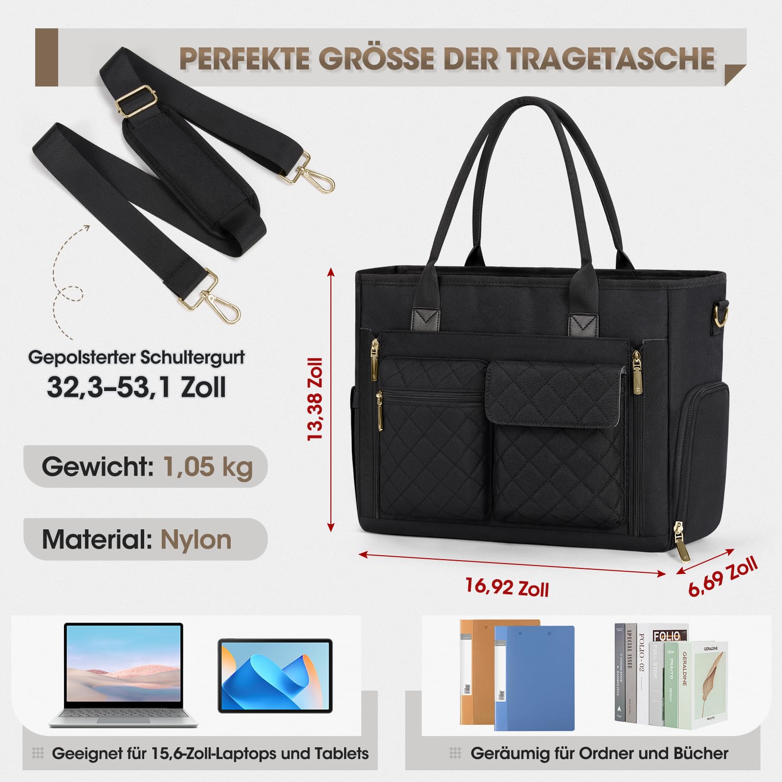 RAINSMORE Laptoptasche Damen 15,6 Zoll Wasserdicht Umhängetasche Schwarz