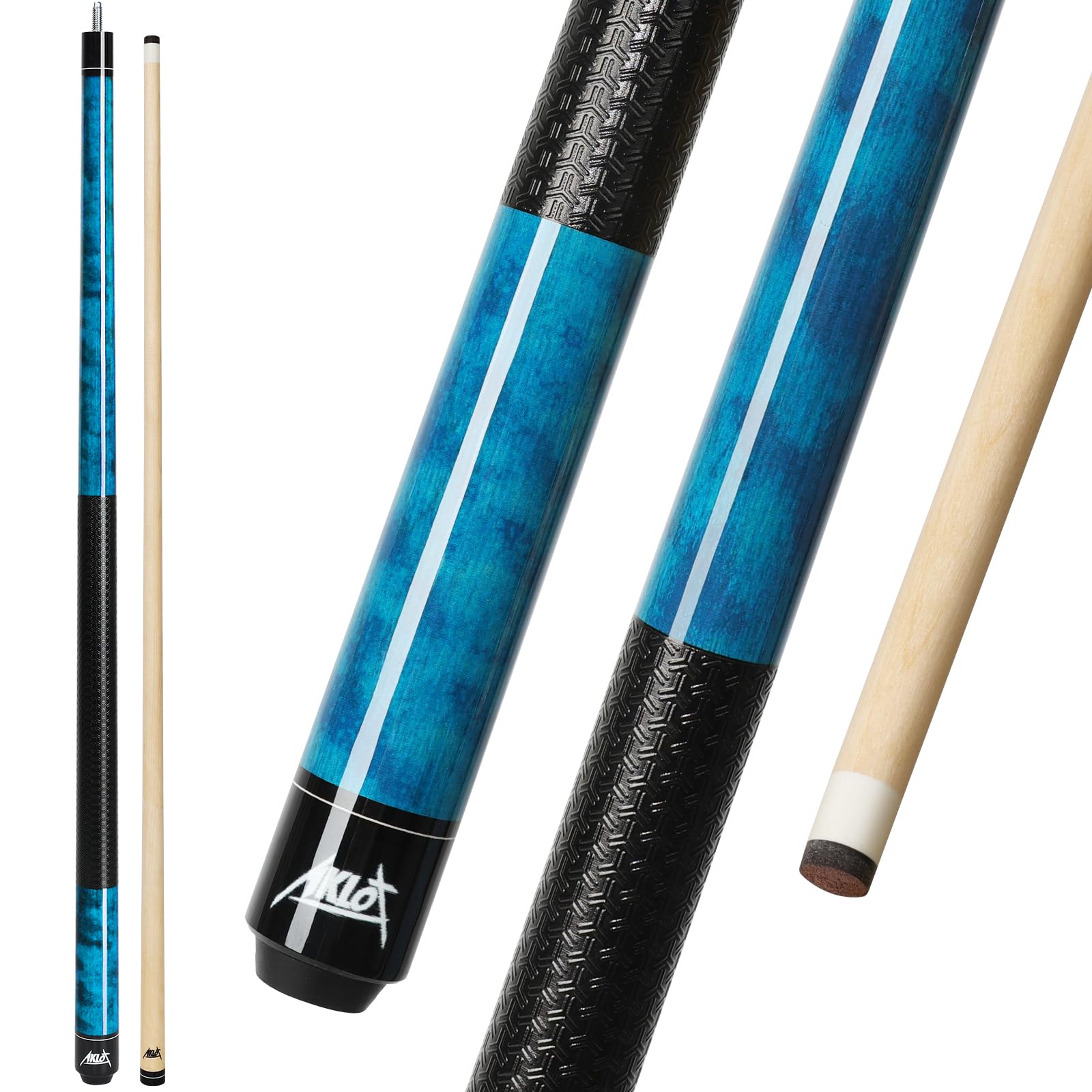 Aklot Pool Cue Sticks 58'', 21oz, Premium Canadian Maple 1/2 Billiard Cue with 13mm Leather Tip, 3D Anti-Slip Grip, Seamless Joint, Table Billiard Pool Stick for Adults/Beginners/Pro Players, Blue