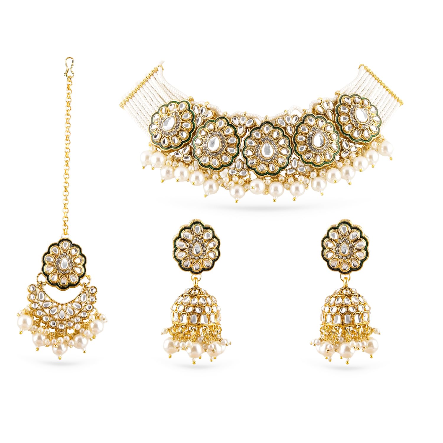 Rubans Necklace Set Golden Kundan Choker Traditional Stylish Jewellery with Green Enamle & Pearls Jewellery Gift for Wom