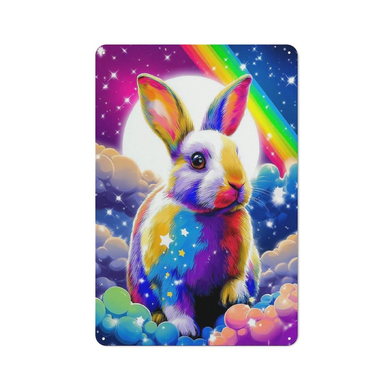 Junmoney Rainbow Bunny In Clouds -1 Classic Metal Plaque 30X20cm Featuring Bistro Wall Plaque For Kitchen, Cafe, Pantry Or Dining Room
