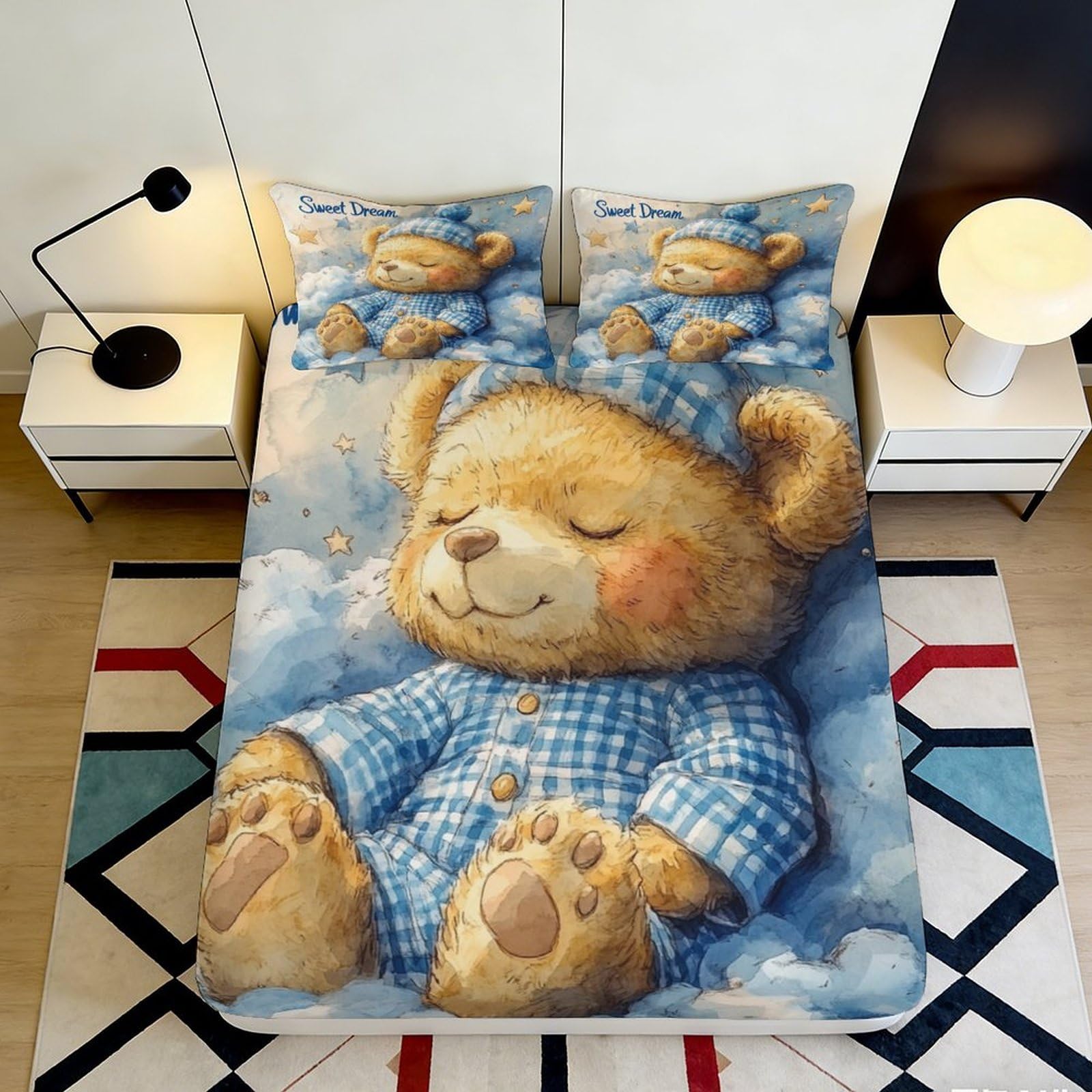 3D Printed Cute Teddy Bear Fitted Sheet Microfiber Soft Non-slip Blue Pajama Mattress Cover for Bedroom Guestroom Dorm Decor 120x200cm 140x200x25cm
